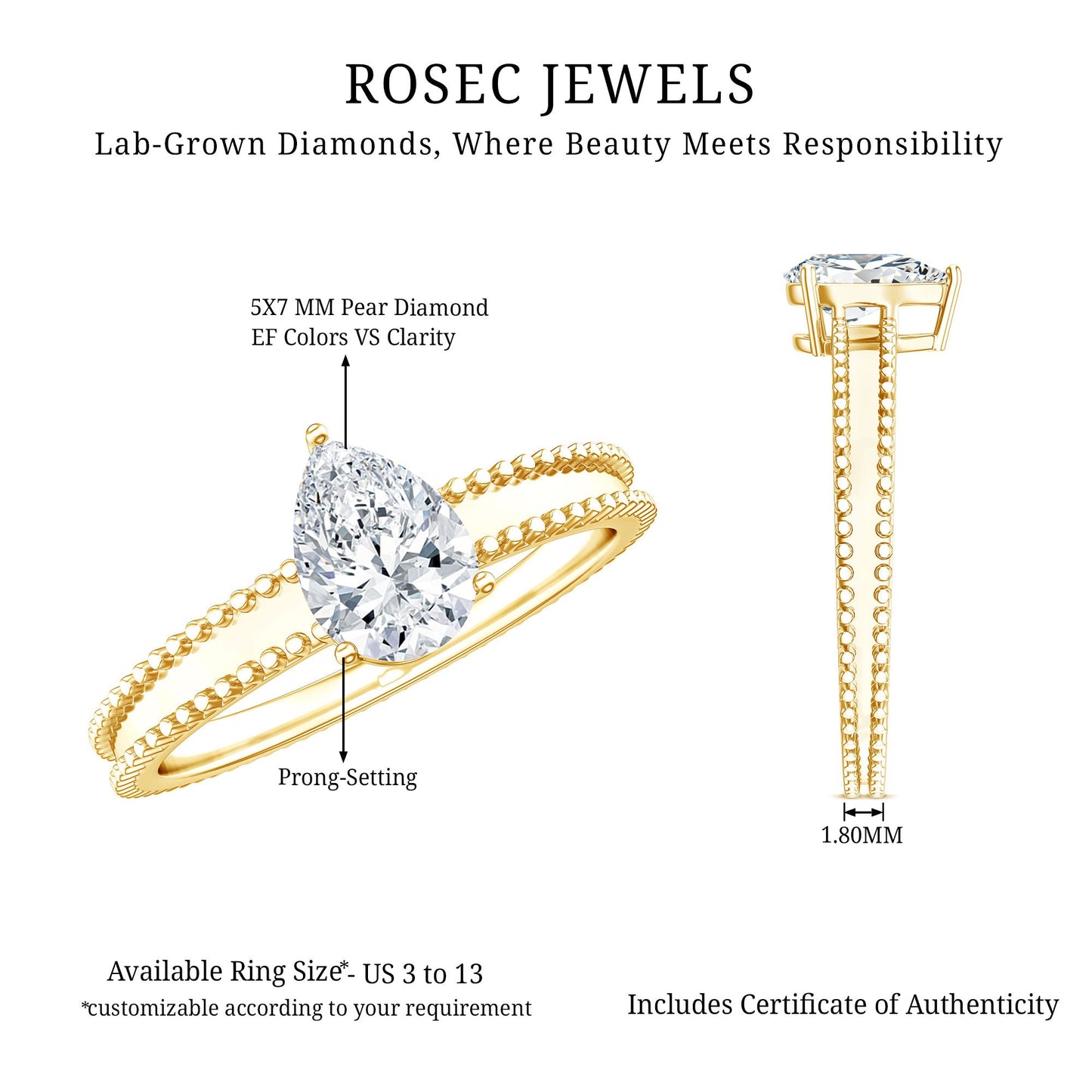 Pear Shaped Lab Grown Diamond Solitaire Ring with Beaded Detailing