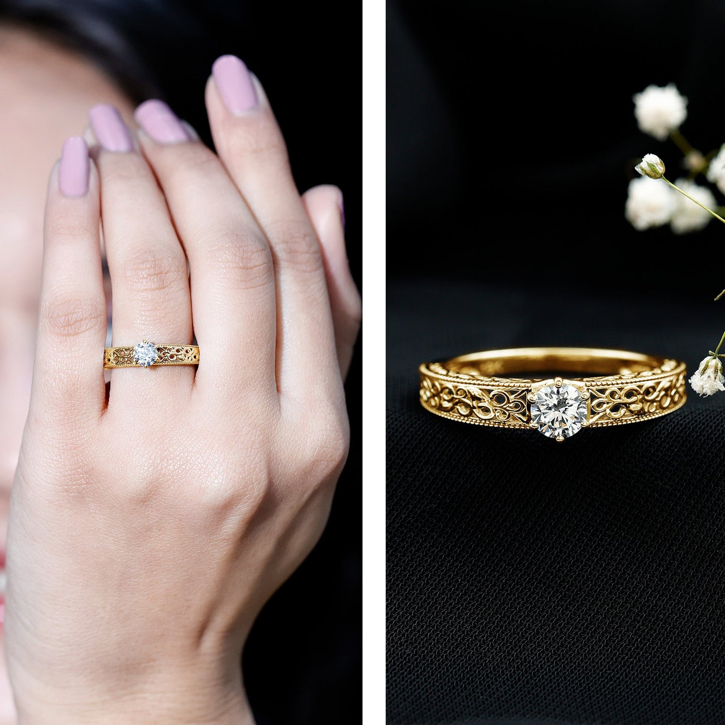 Vintage Inspired Solitaire Lab Grown Diamond Filigree Ring