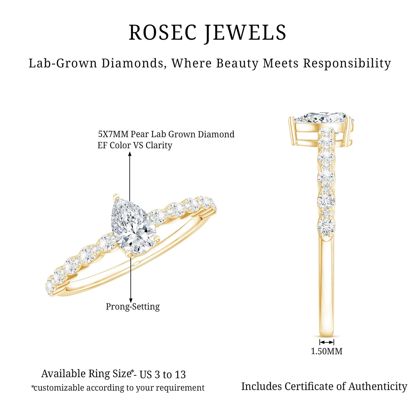 Pear Shape Lab Grown Diamond Solitaire Promise Ring with Side Stones