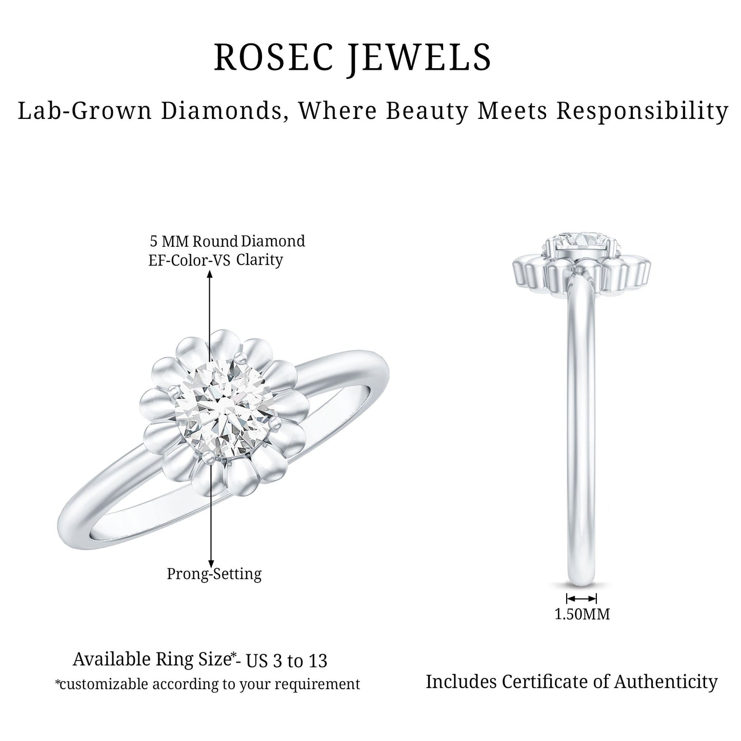 Solitaire Lab Grown Diamond Flower Ring