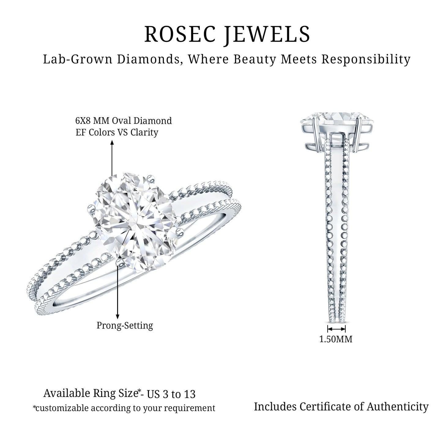 Oval Shaped Lab Grown Diamond Solitaire Ring with Beaded Detailing