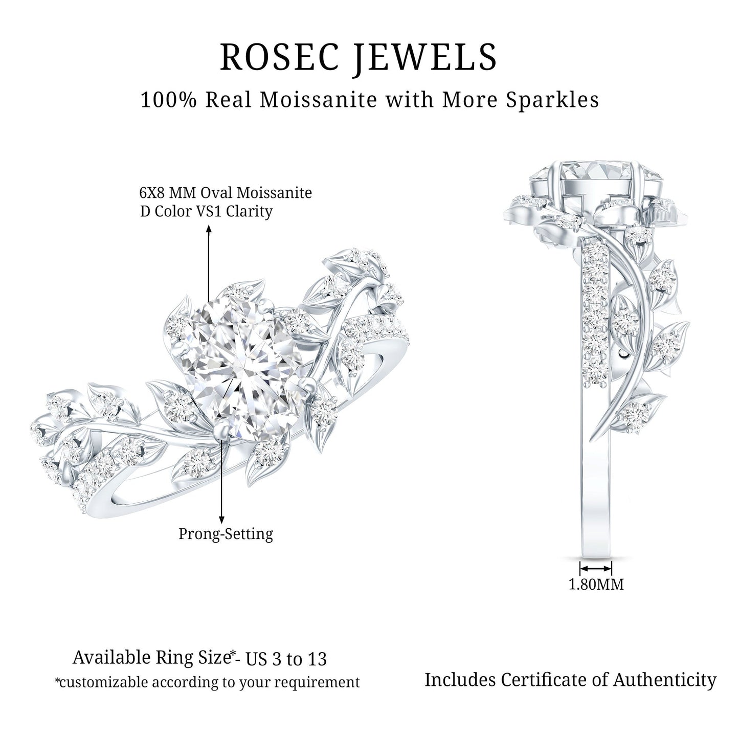 Certified 1.2 Carat Moissanite Vine Engagement Ring in Silver