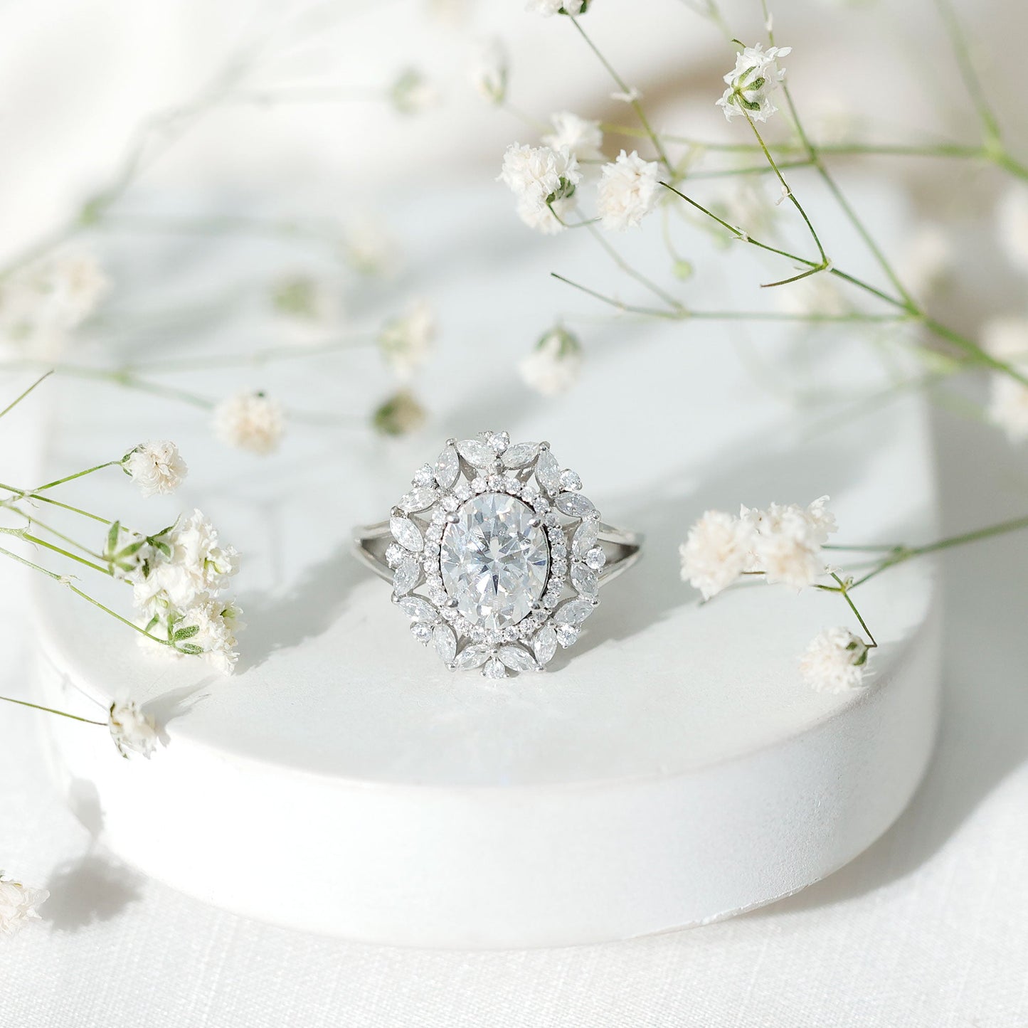 Certified 2 Carat Oval Moissanite Double Halo Engagement Ring