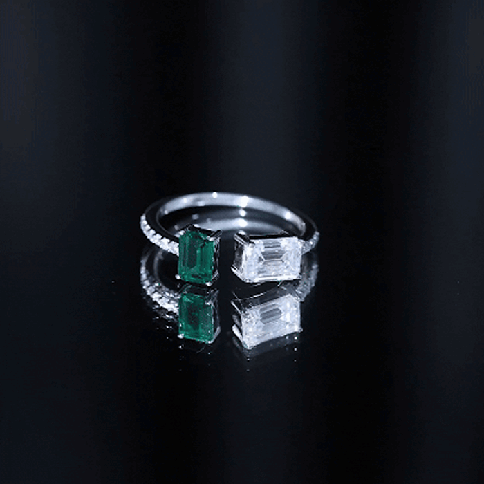 Certified Moissanite and Lab Grown Emerald Toi Et Moi Engagement Ring
