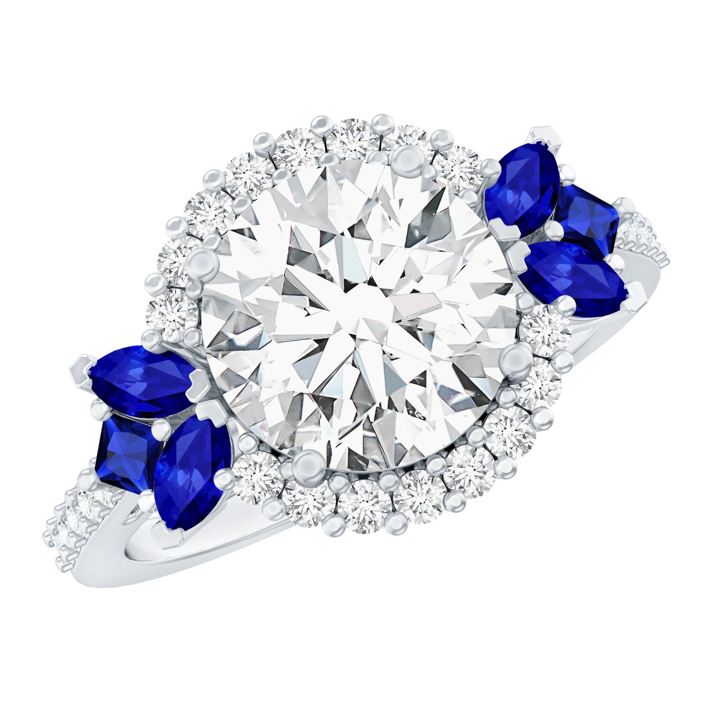 Certified Moissanite 3 Carat Engagement Ring with Lab Grown Blue Sapphire