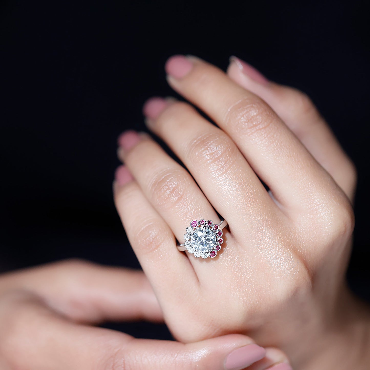 Certified 2 Carat Moissanite Designer Engagement Ring with Lab Grown Ruby