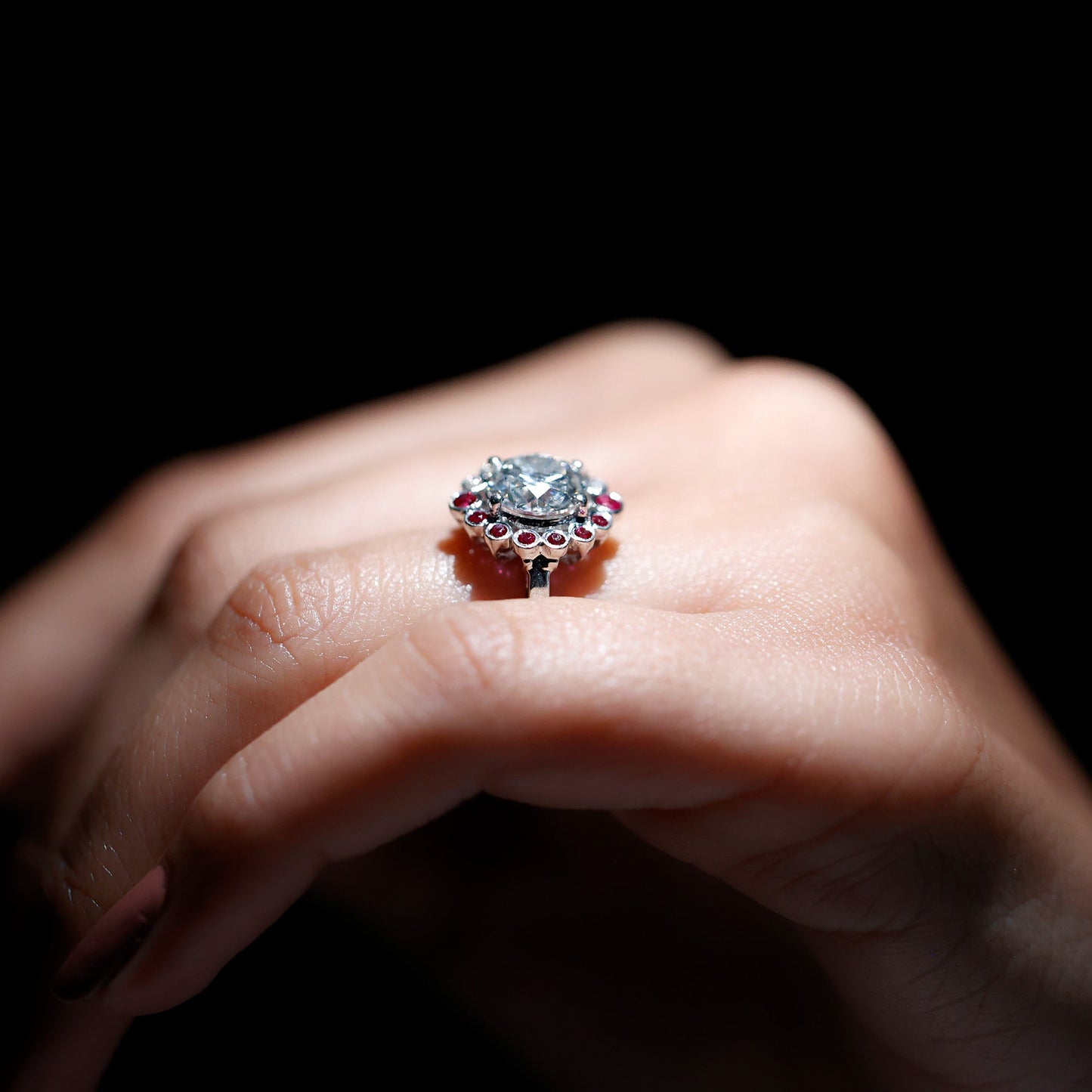 Certified 2 Carat Moissanite Designer Engagement Ring with Lab Grown Ruby