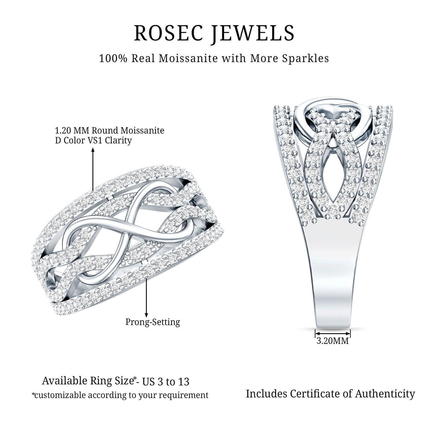 Designer Moissanite Infinity Anniversary Band in Silver