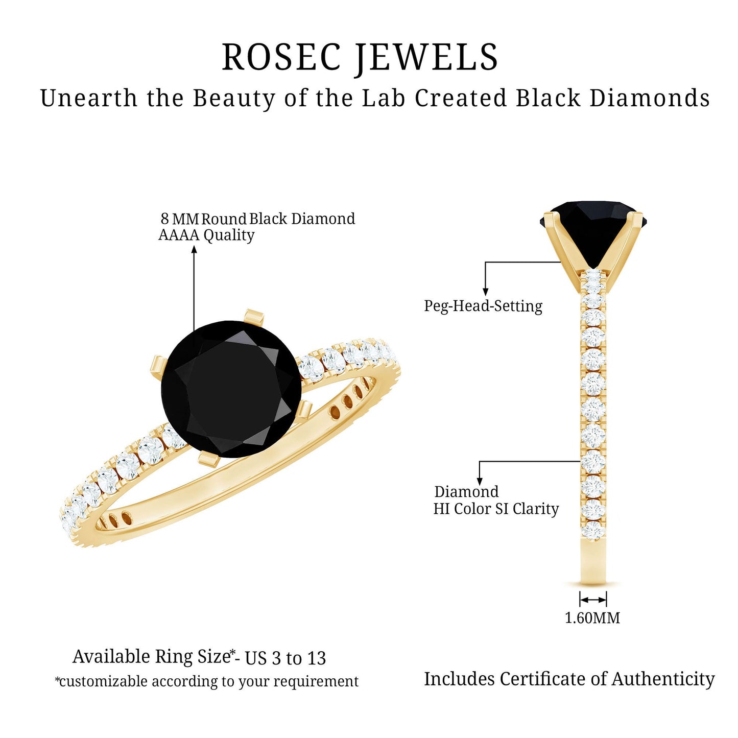 2 Carat Lab Grown Black Diamond Solitaire Engagement Ring with White Diamond