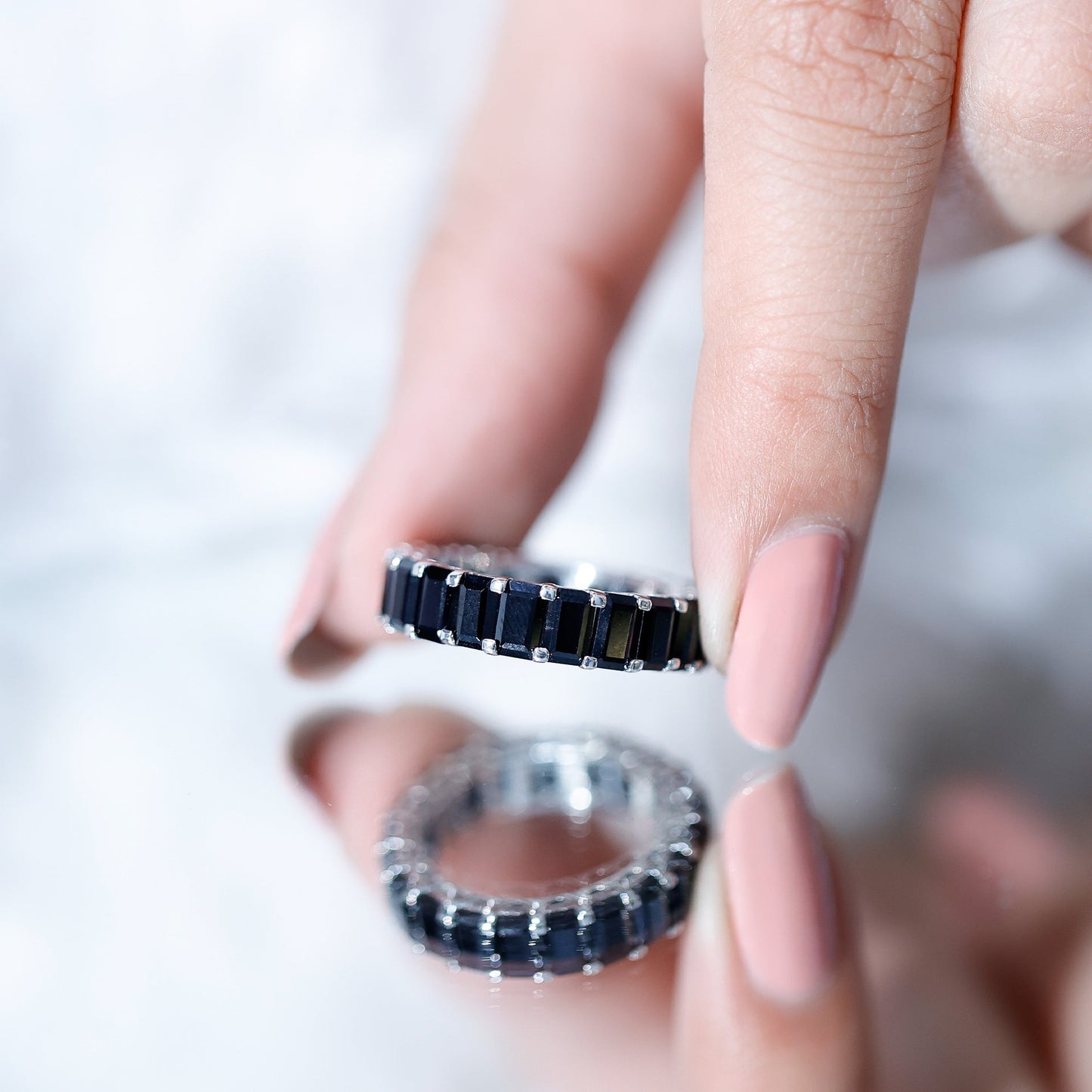 Emerald Cut Black Spinel Eternity Band