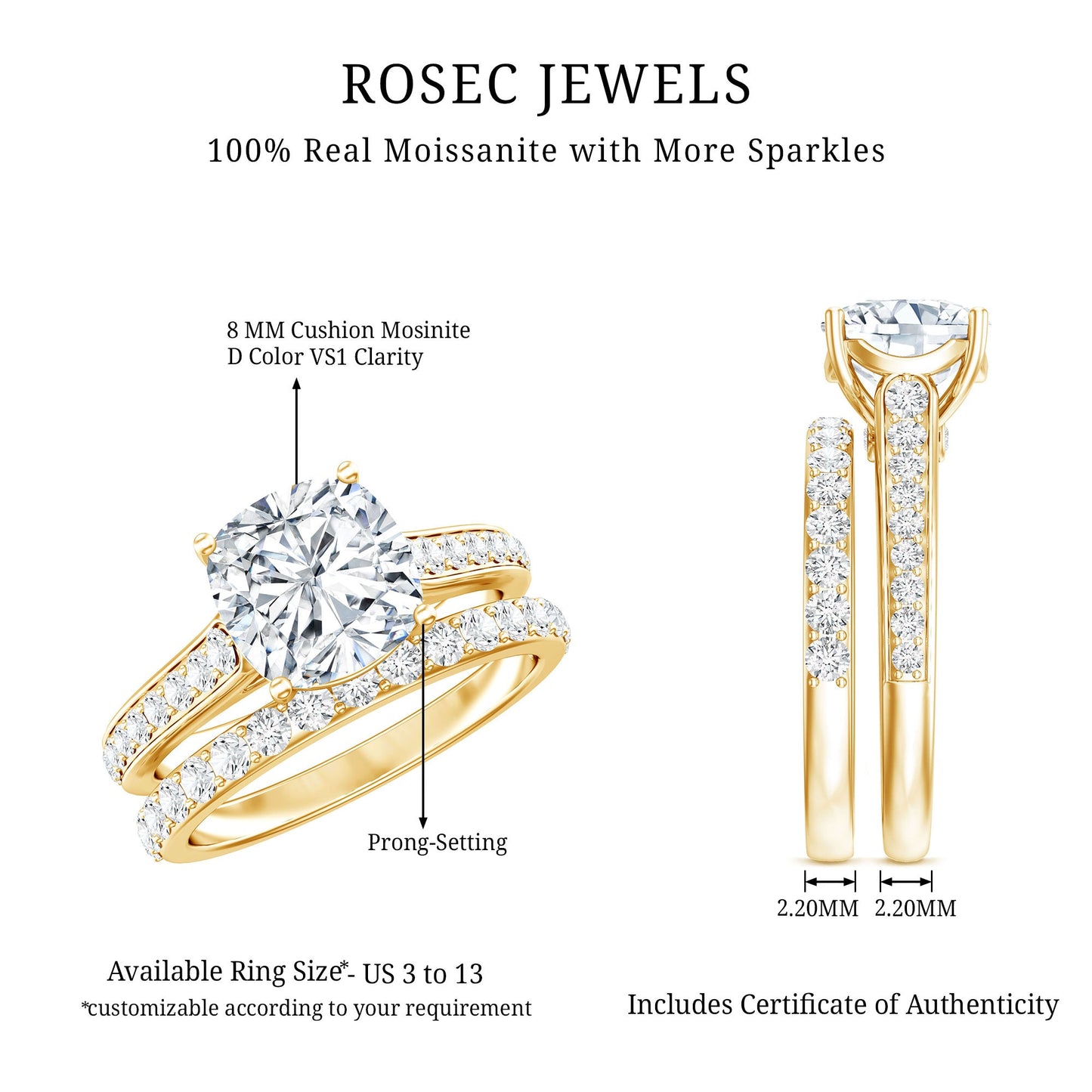 3 CT Cushion Cut Moissanite Solitaire Engagement Ring with Wedding Band