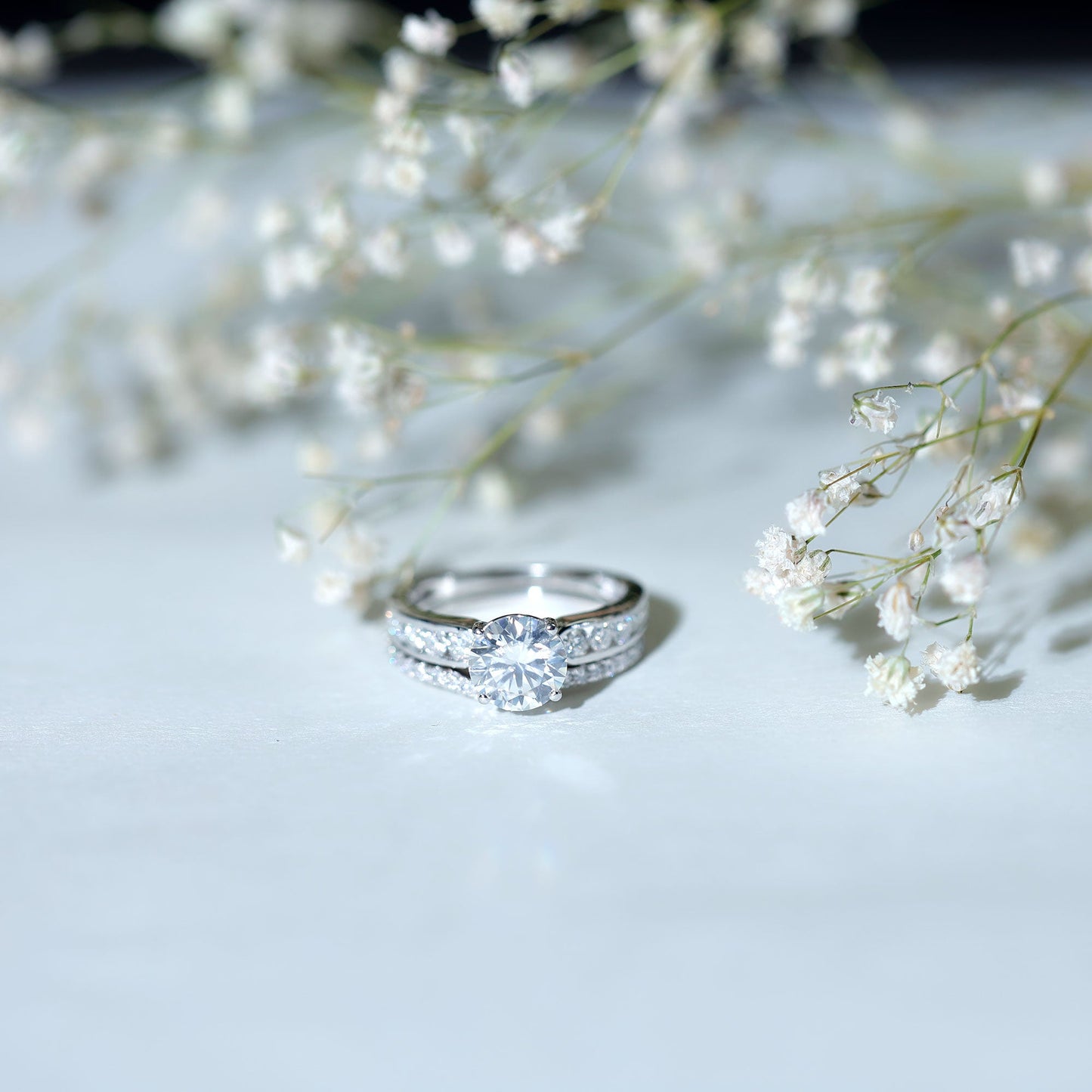 Certified 2 Carat Round Moissanite Engagement Ring with Wedding Band
