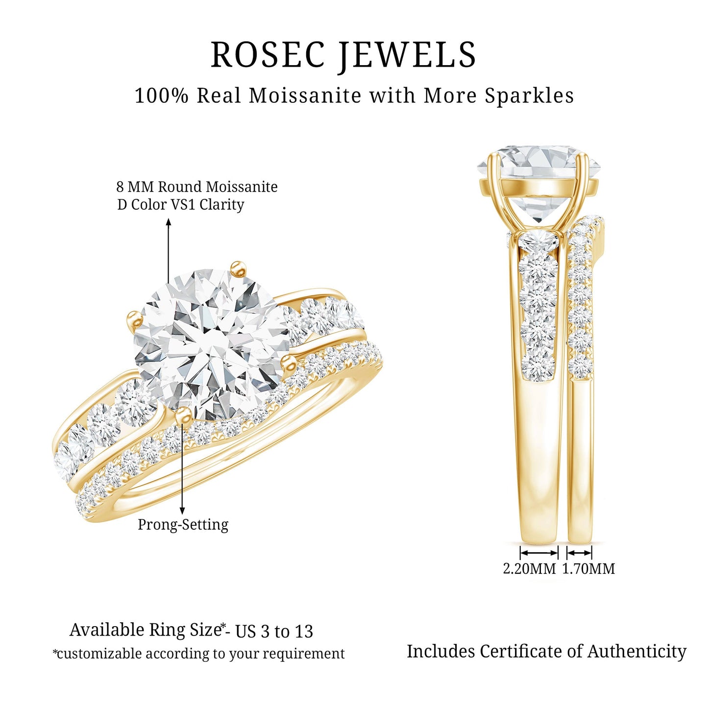 Certified 2 Carat Round Moissanite Engagement Ring with Wedding Band