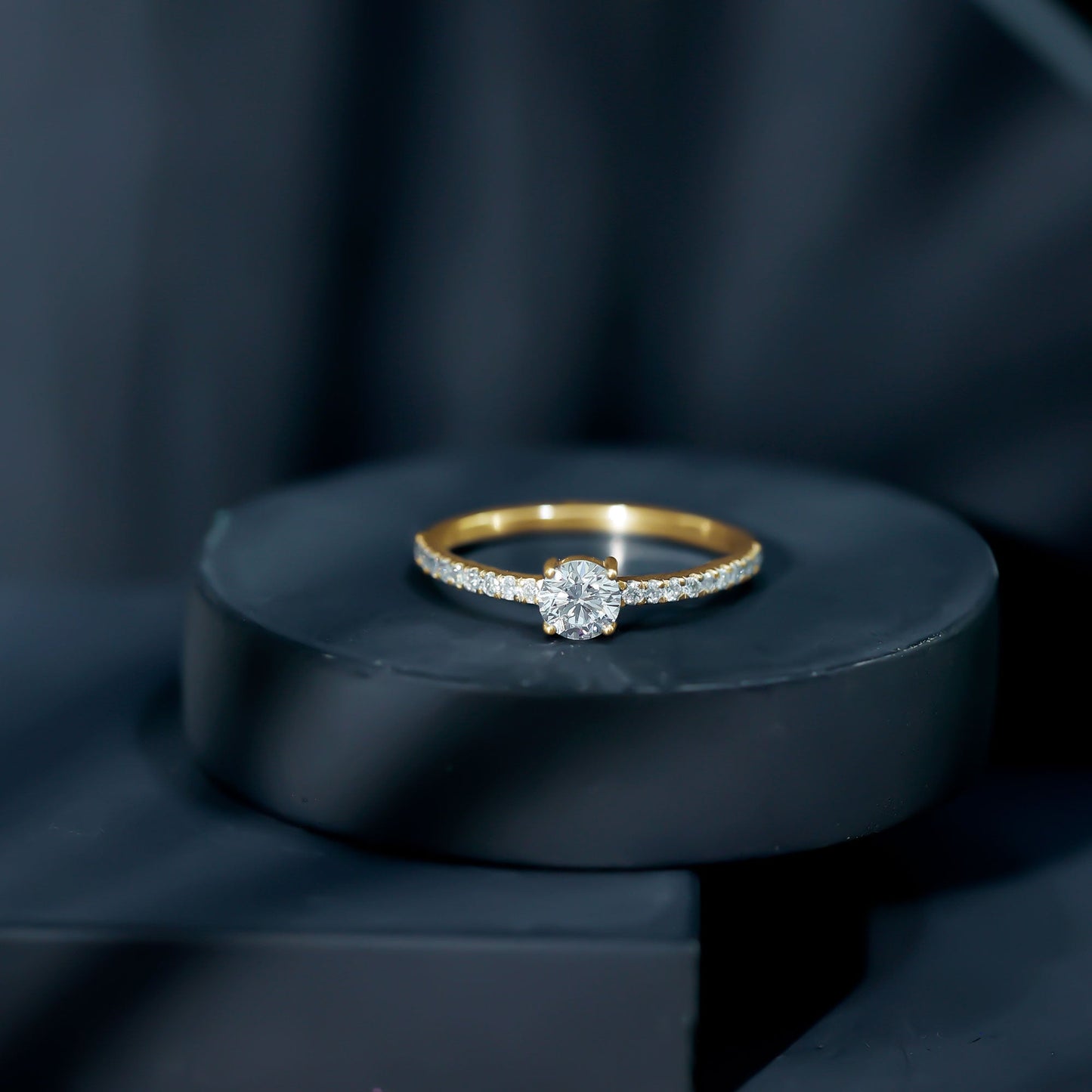 Round Shape Moissanite Solitaire Promise Ring with Side Stones