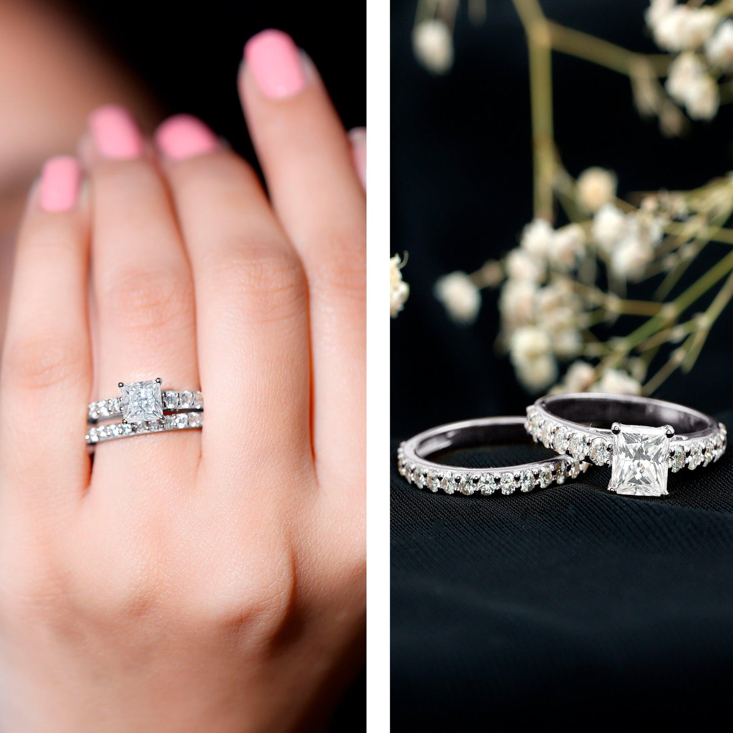 Princess Cut Moissanite Engagement Ring with Wedding Band