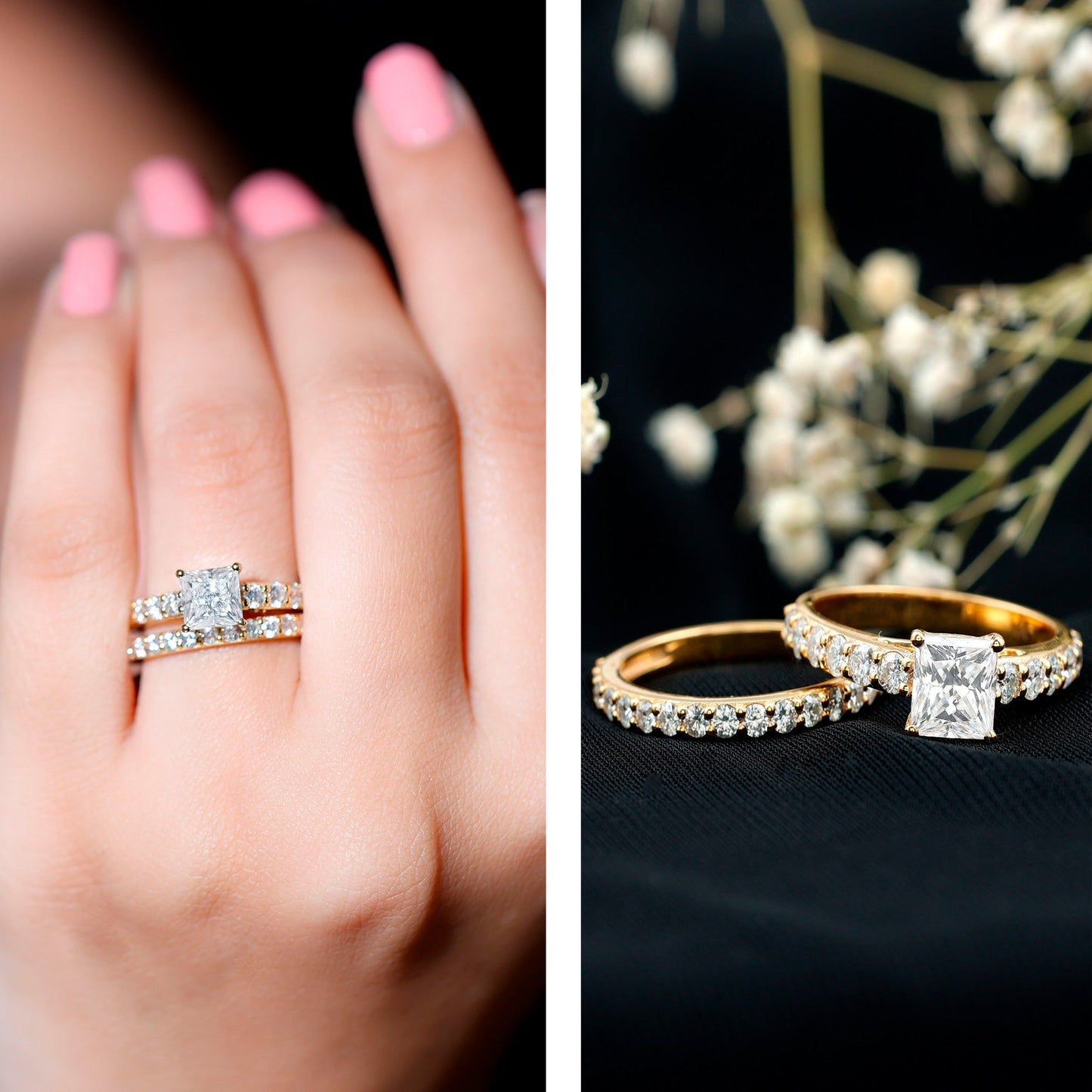 Princess Cut Moissanite Engagement Ring with Wedding Band