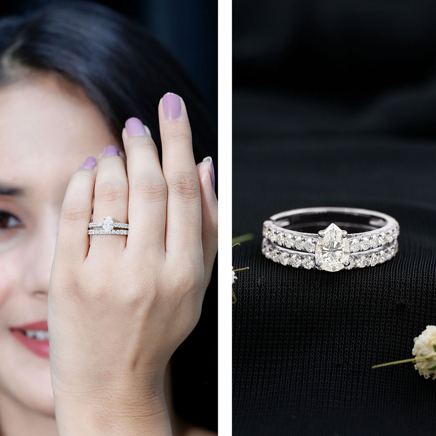 Pear Shaped Moissanite Engagement Ring with Wedding Band