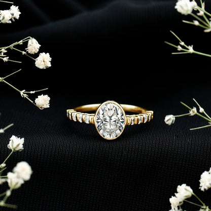 Bezel Set Moissanite Oval Engagement Ring with Side Stones