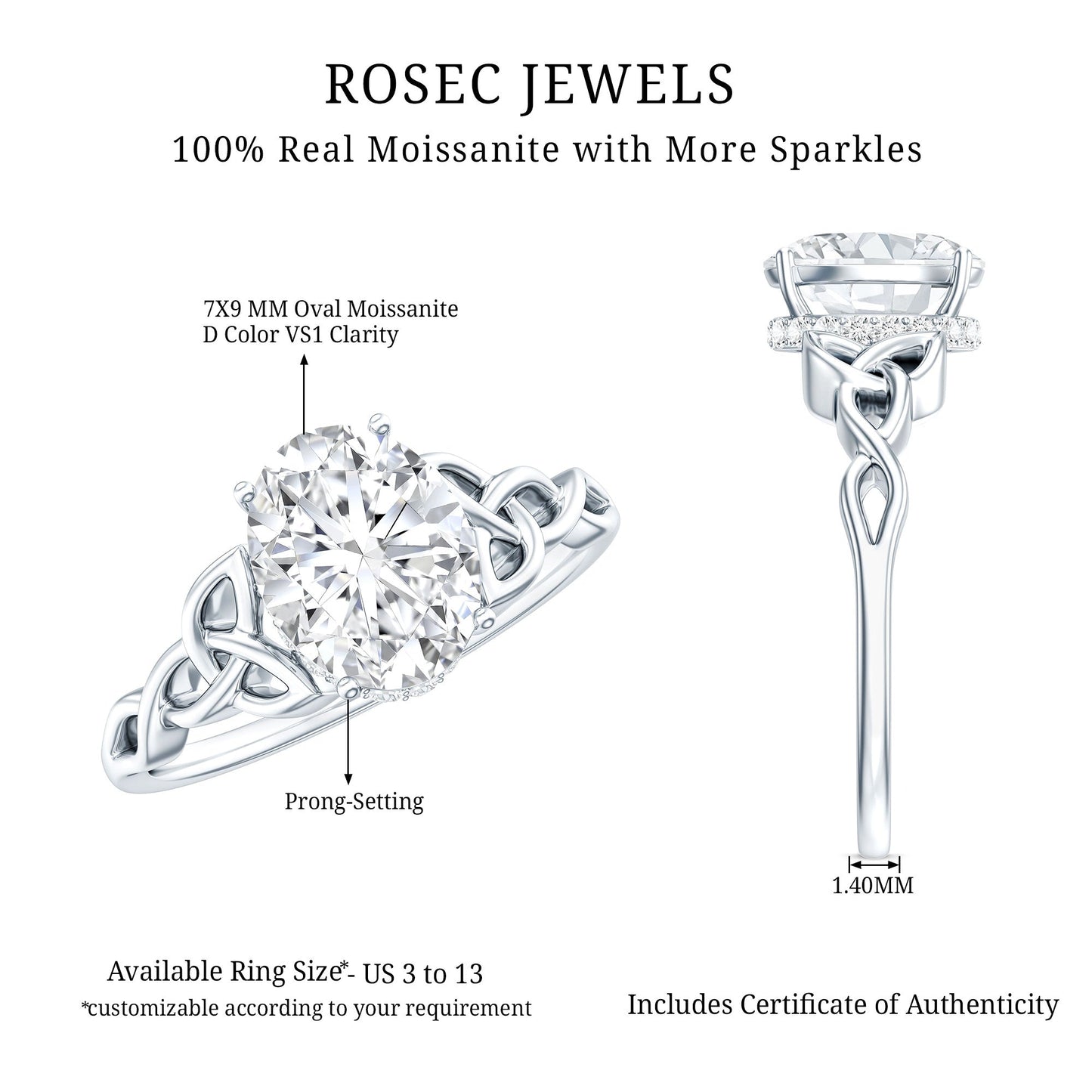 Certified 2 Carat Moissanite Hidden Halo Engagement Ring with Celtic Knot