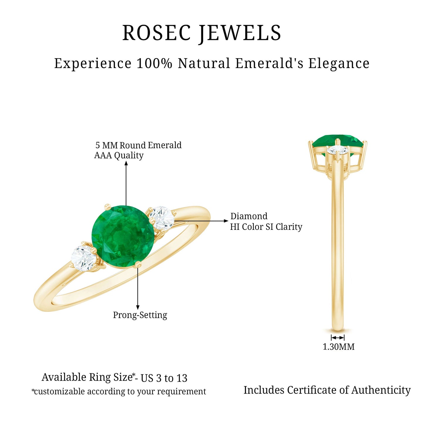 Natural Emerald Diamond Three Stone Promise Ring