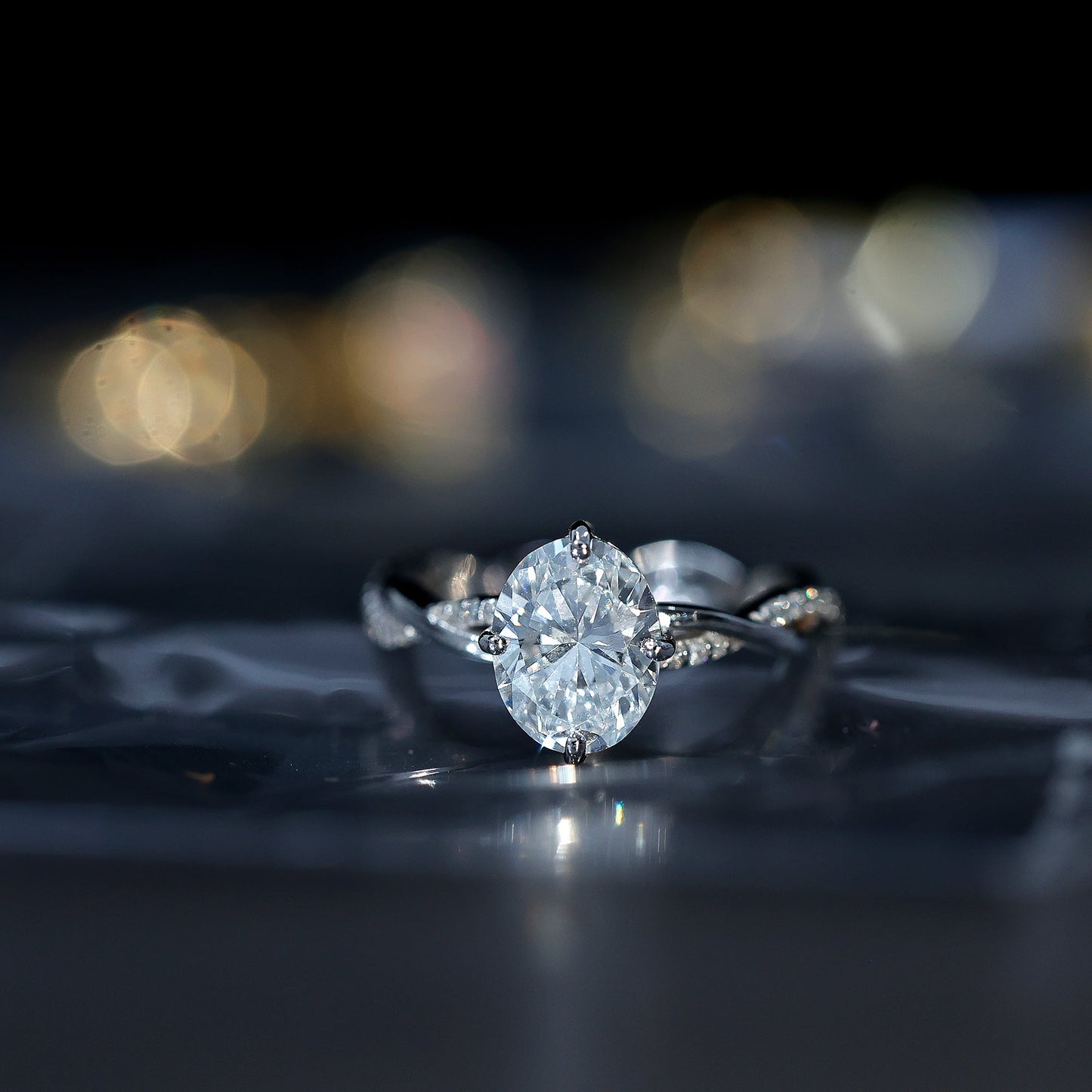 Moissanite Oval Engagement Ring With Diagonal Prong Setting