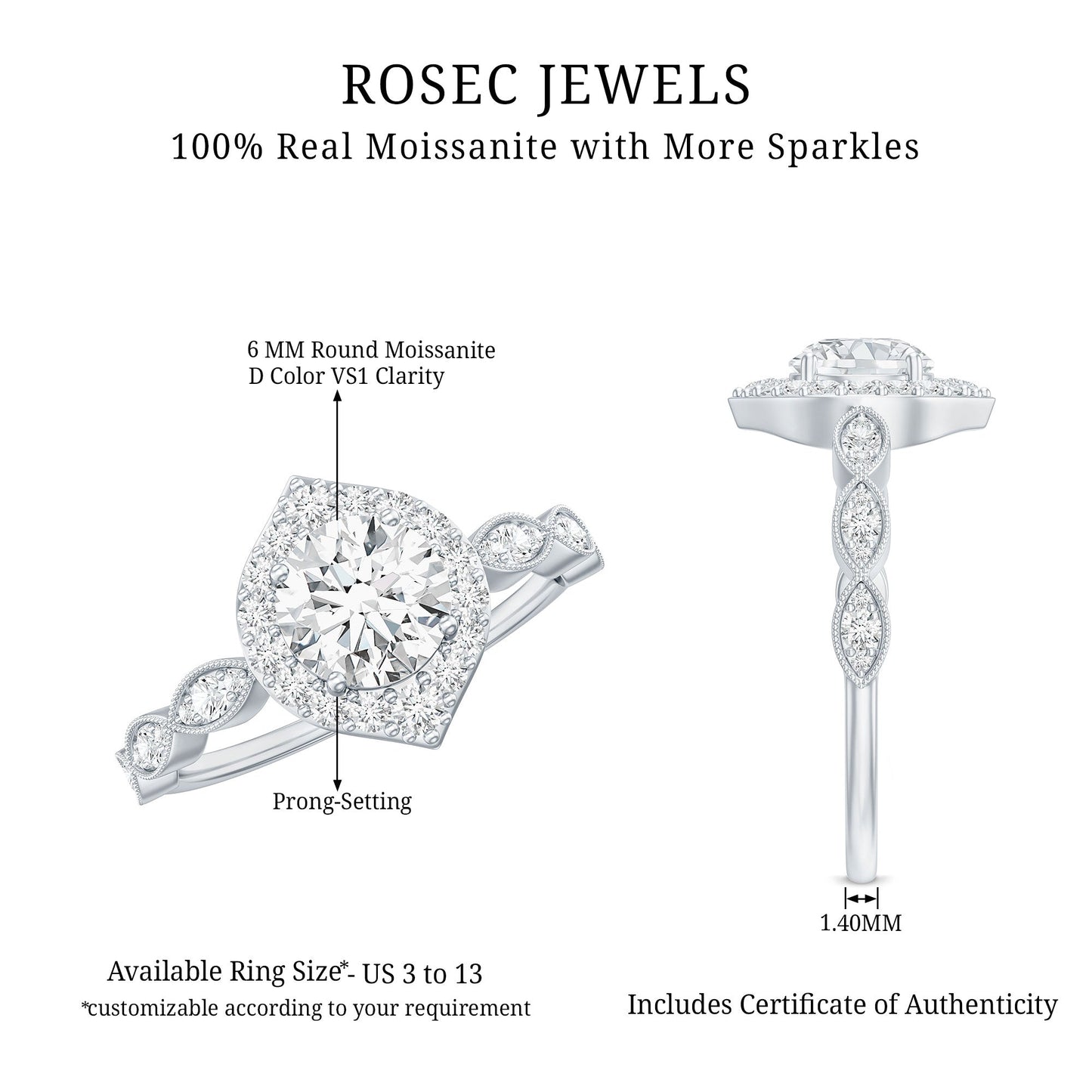 Antique Style Moissanite Halo Engagement Ring