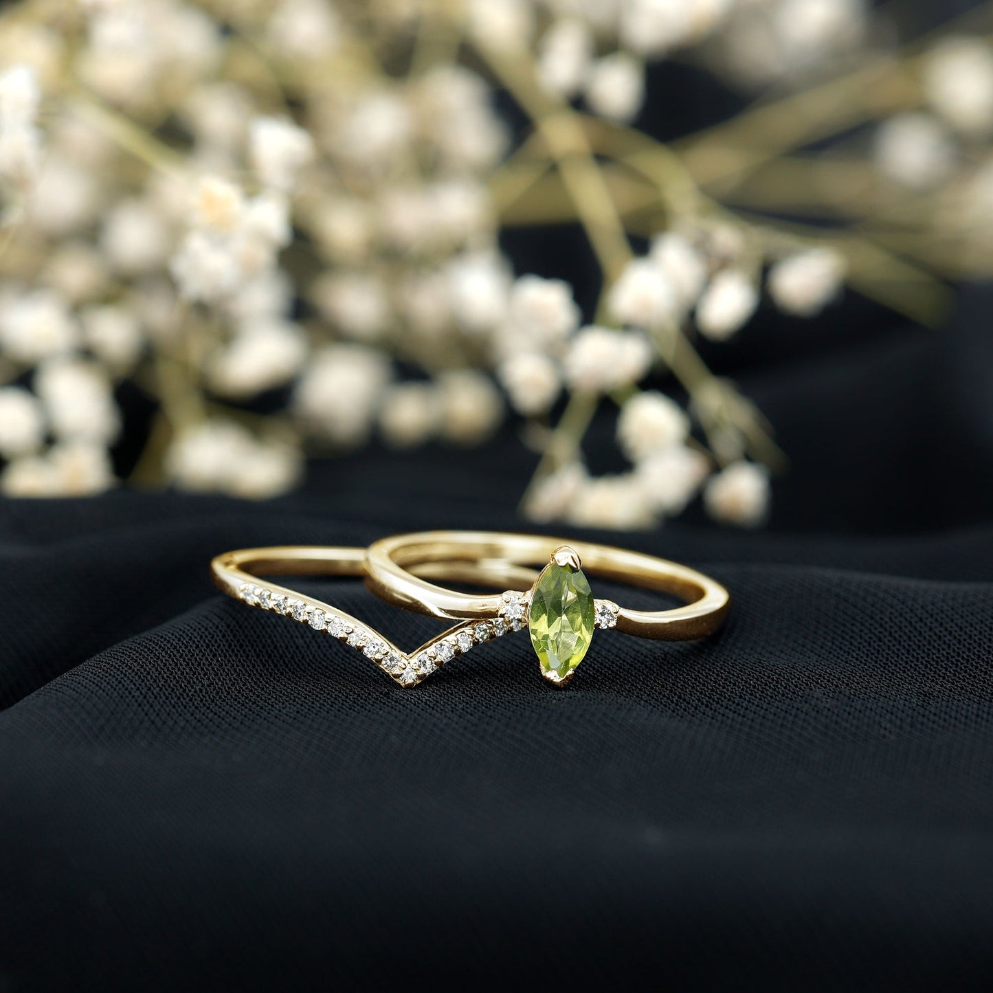 Marquise Cut Peridot Solitaire Wedding Ring Set with Diamond