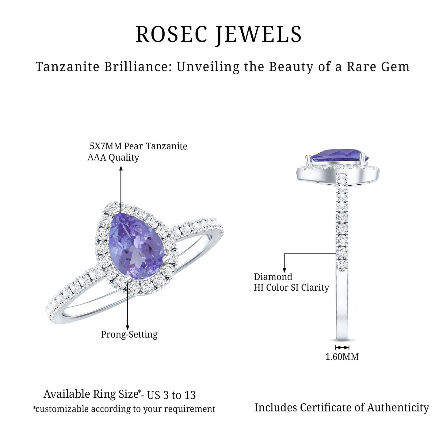 Real Pear Shape Tanzanite Teardrop Engagement Ring with Diamond Halo