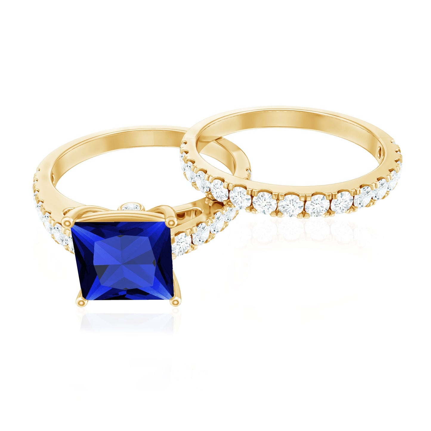 Certified Lab Grown Blue Sapphire Princess Cut Engagement Ring Set with Moissanite