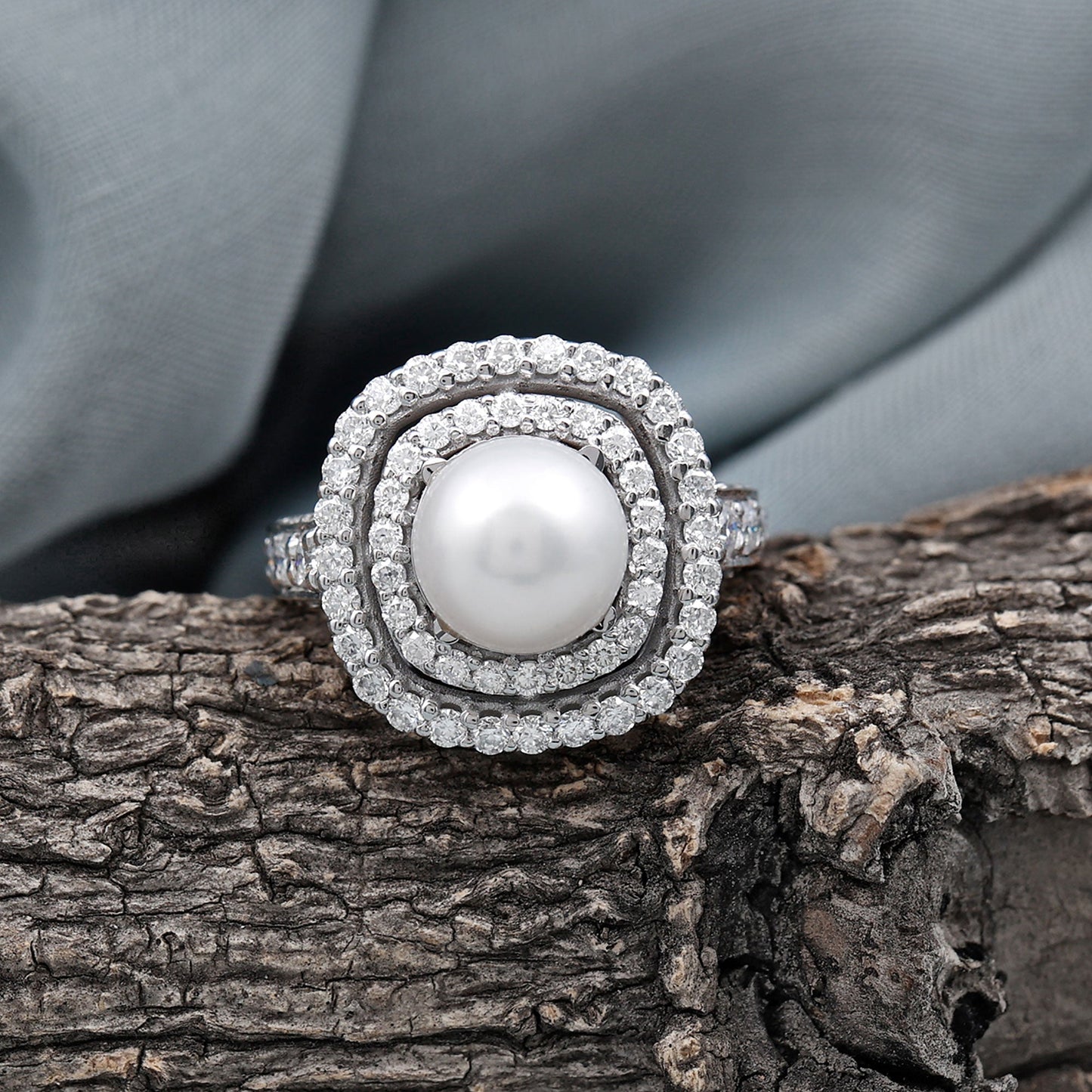 Cultured 3 Carat Freshwater Pearl Double Halo Engagement Ring with Moissanite