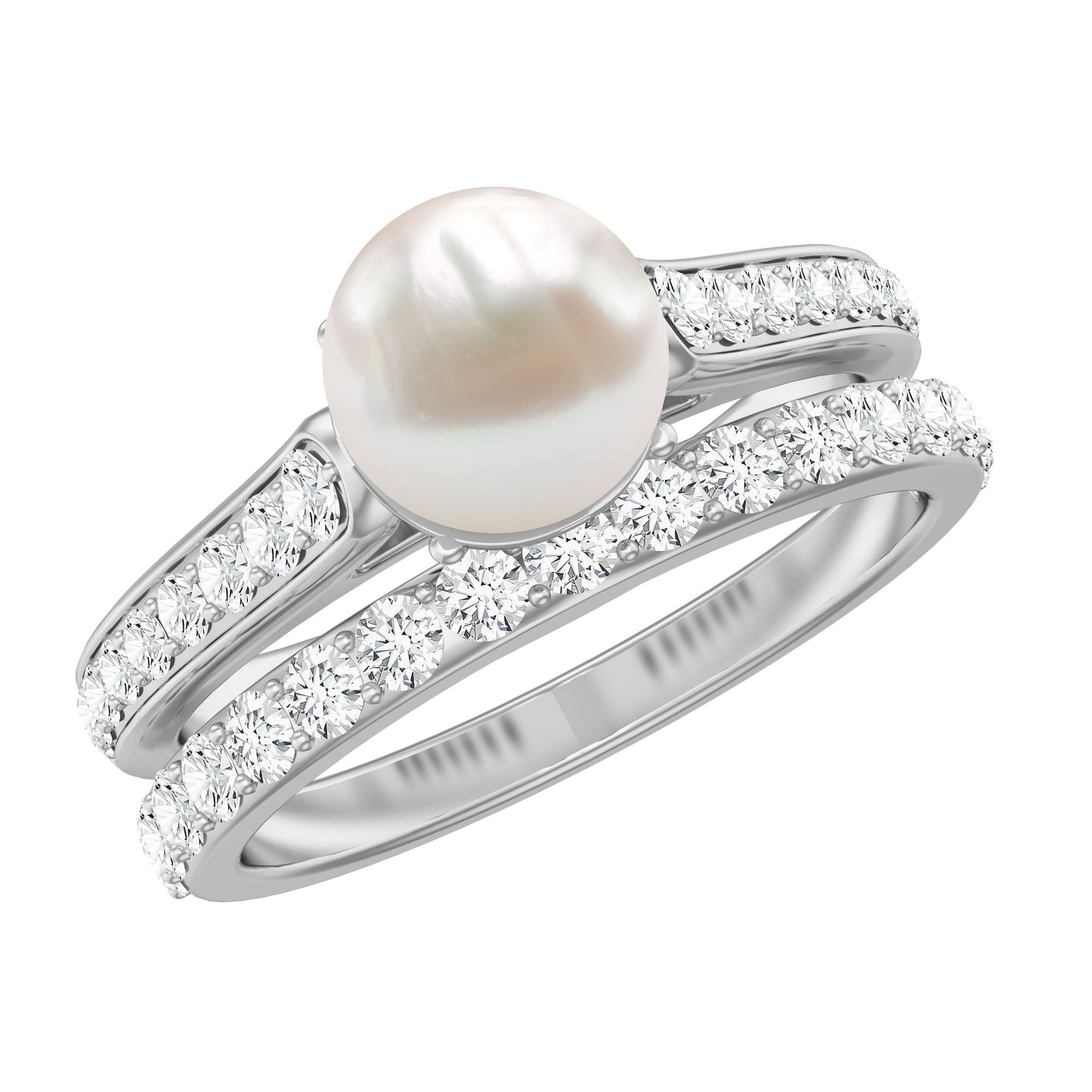 Cultured Freshwater Pearl Wedding Bridal Ring Set with Moissanite