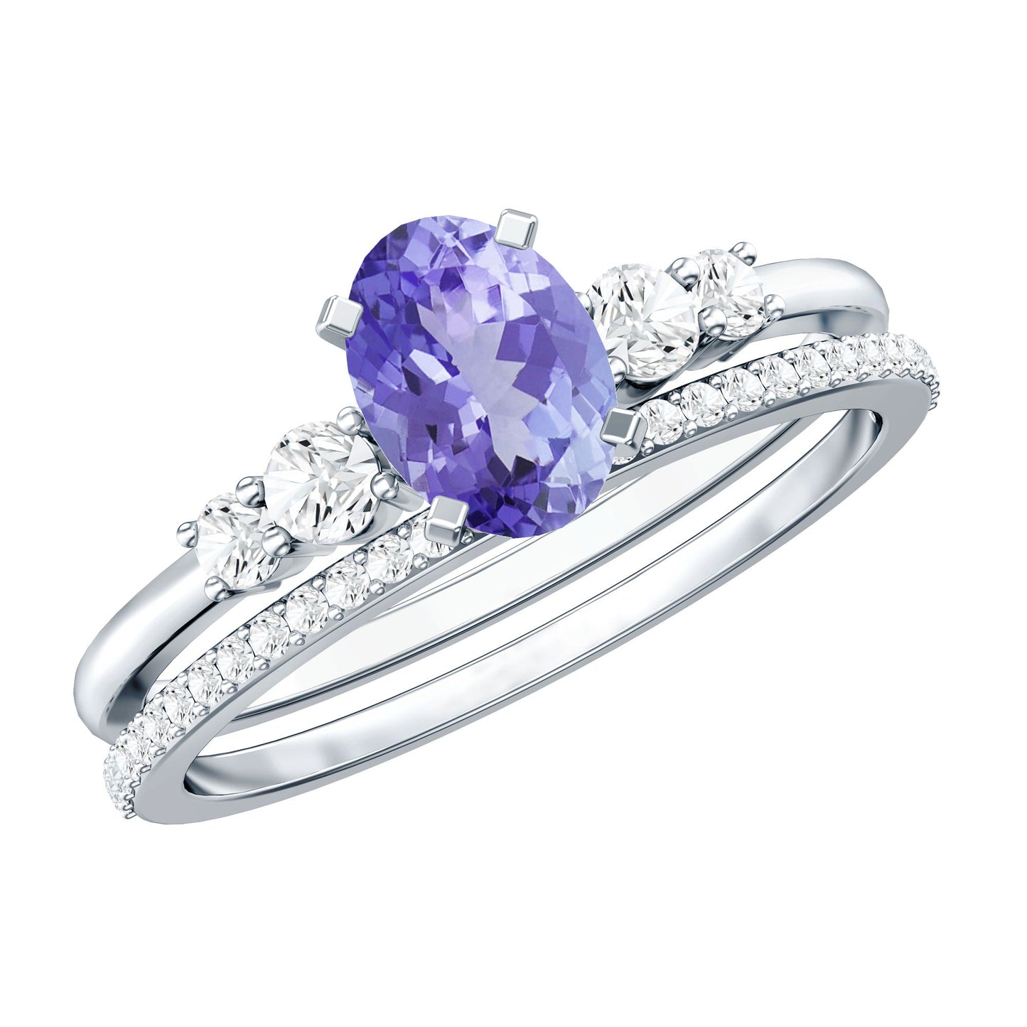 Natural 0.9 Carat Tanzanite and Diamond Oval Engagement Ring with Wedding Band