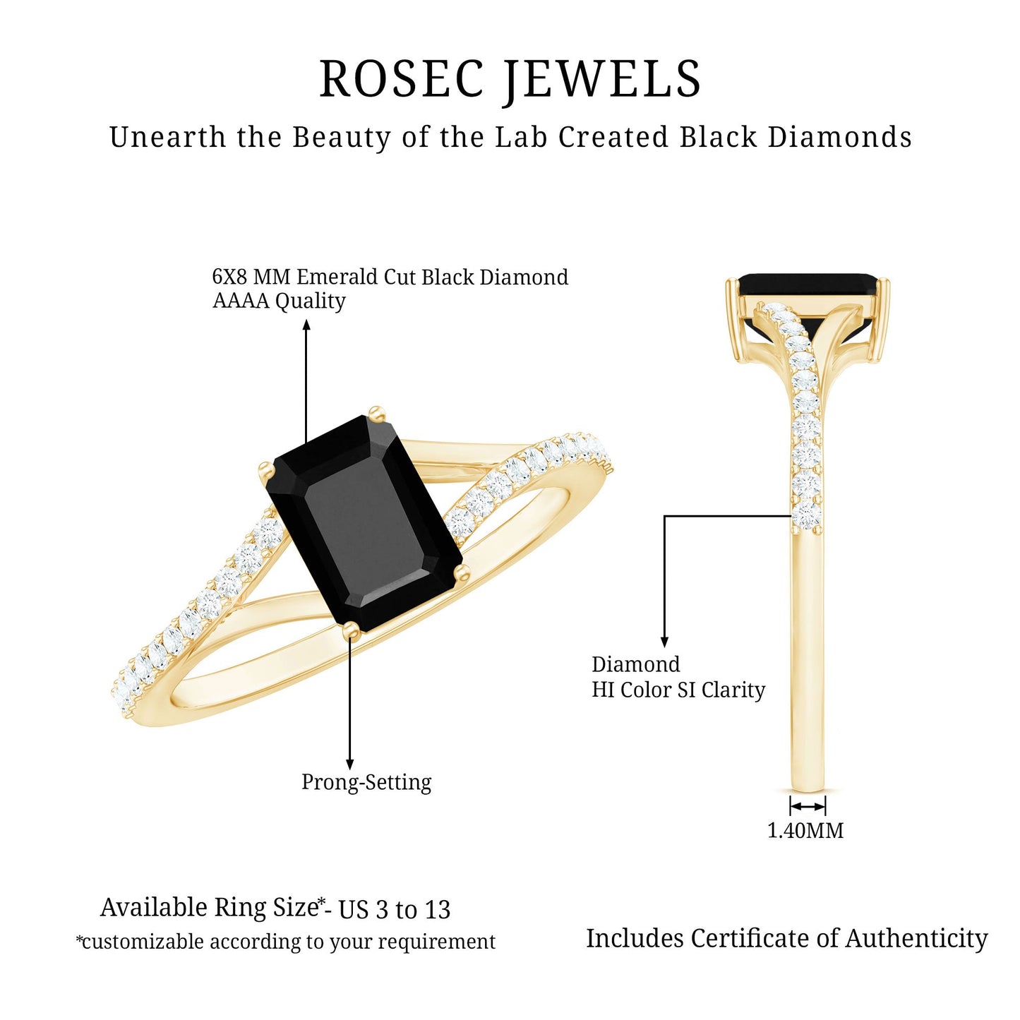 3.4 Carat Emerald Cut Lab Created Black Diamond Engagement Ring