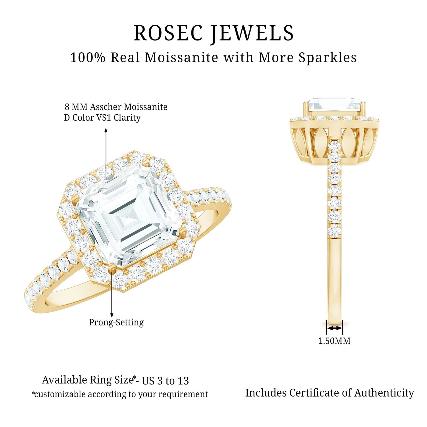Certified Asscher Cut Moissanite Halo Engagement Ring for Women