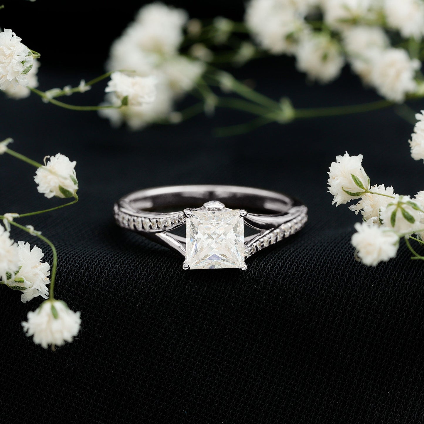 Certified Princess Cut Moissanite Engagement Ring With Split Shank