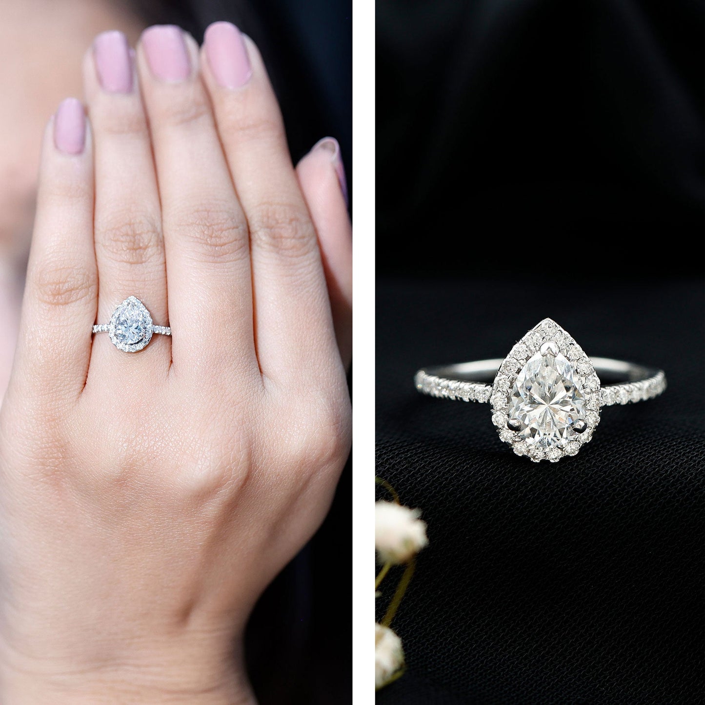 Pear Shape Moissanite Halo Engagement Ring for Women