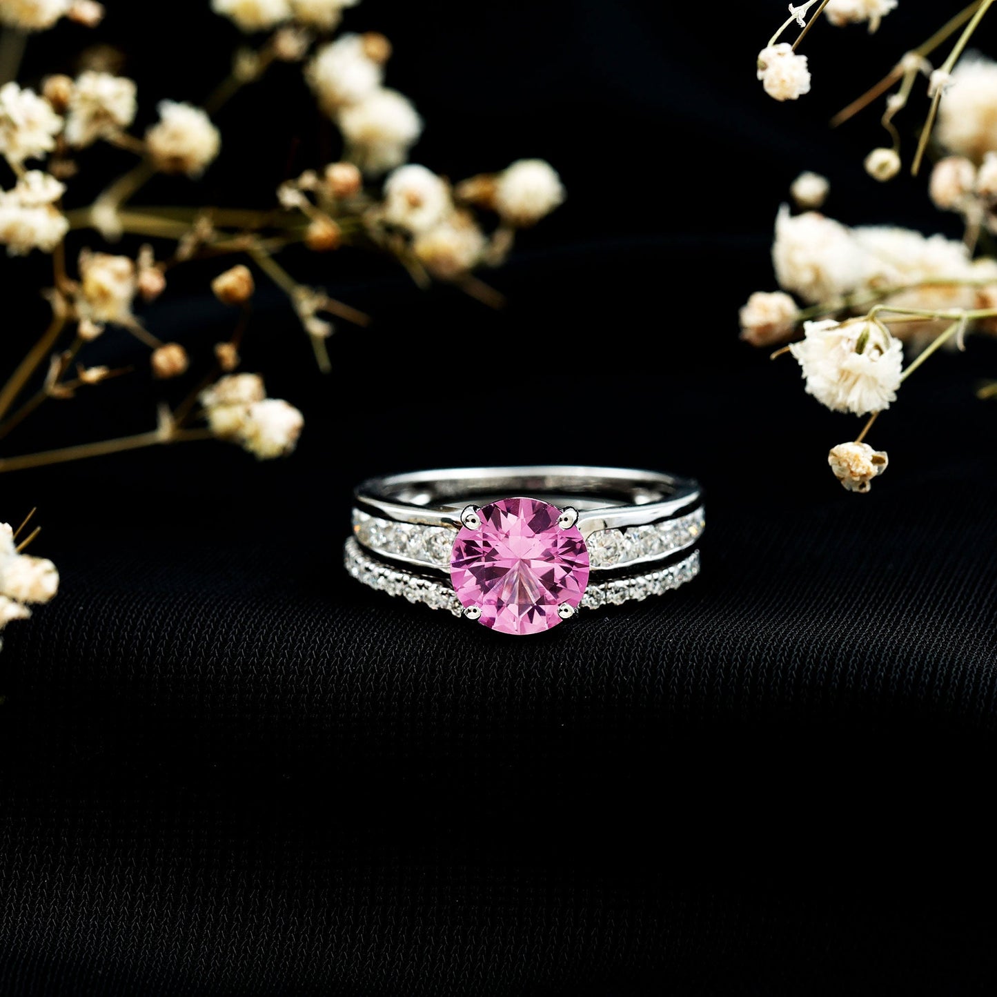 2.25 Carat Lab Grown Pink Sapphire Solitaire Bridal Ring Set