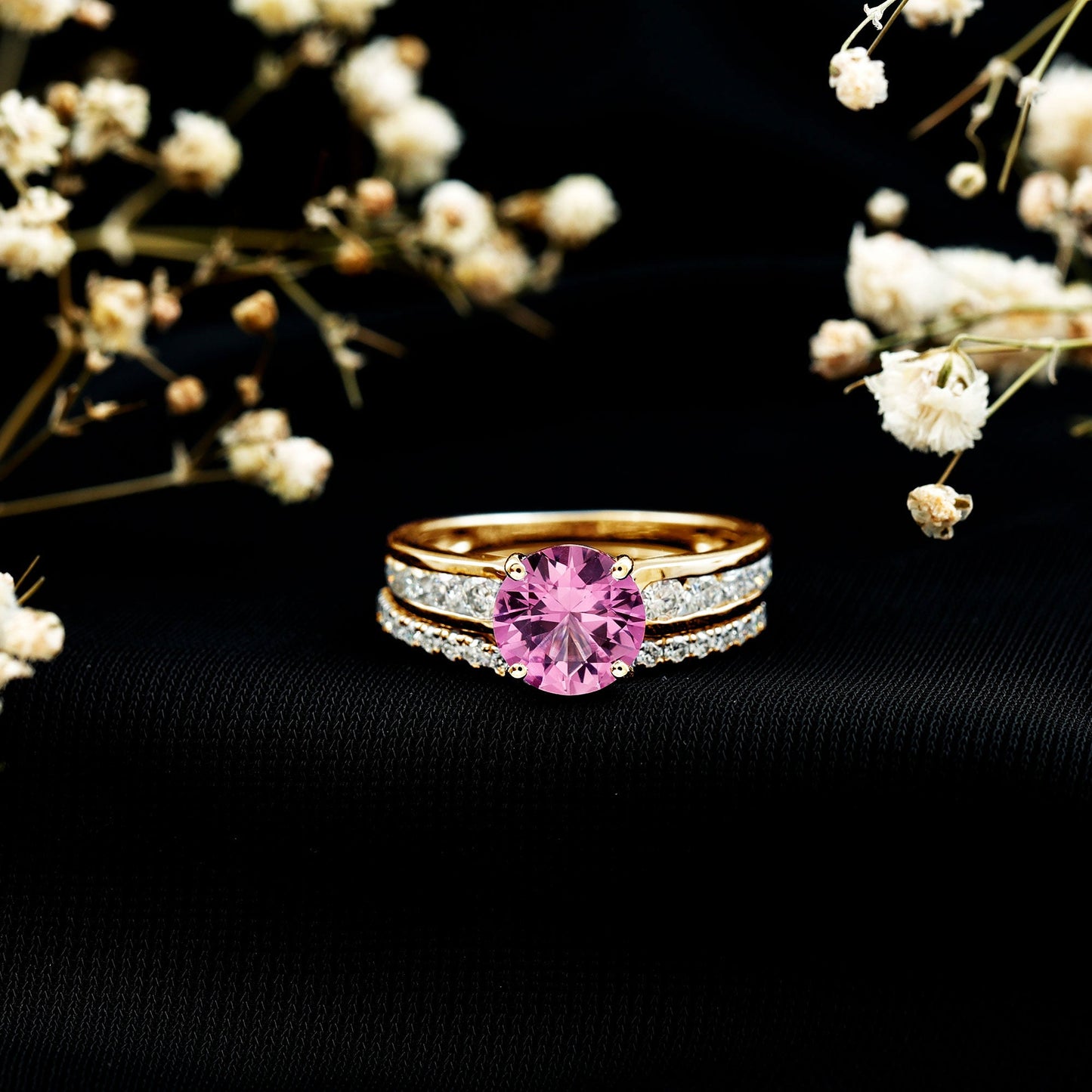 2.25 Carat Lab Grown Pink Sapphire Solitaire Bridal Ring Set