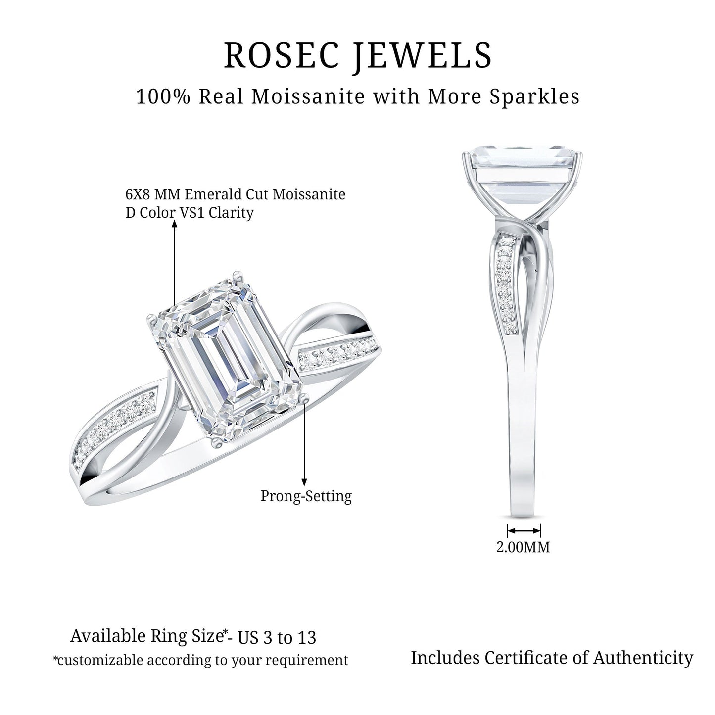 Certified 6X8 MM Emerald Cut Moissanite Infinity Engagement Ring