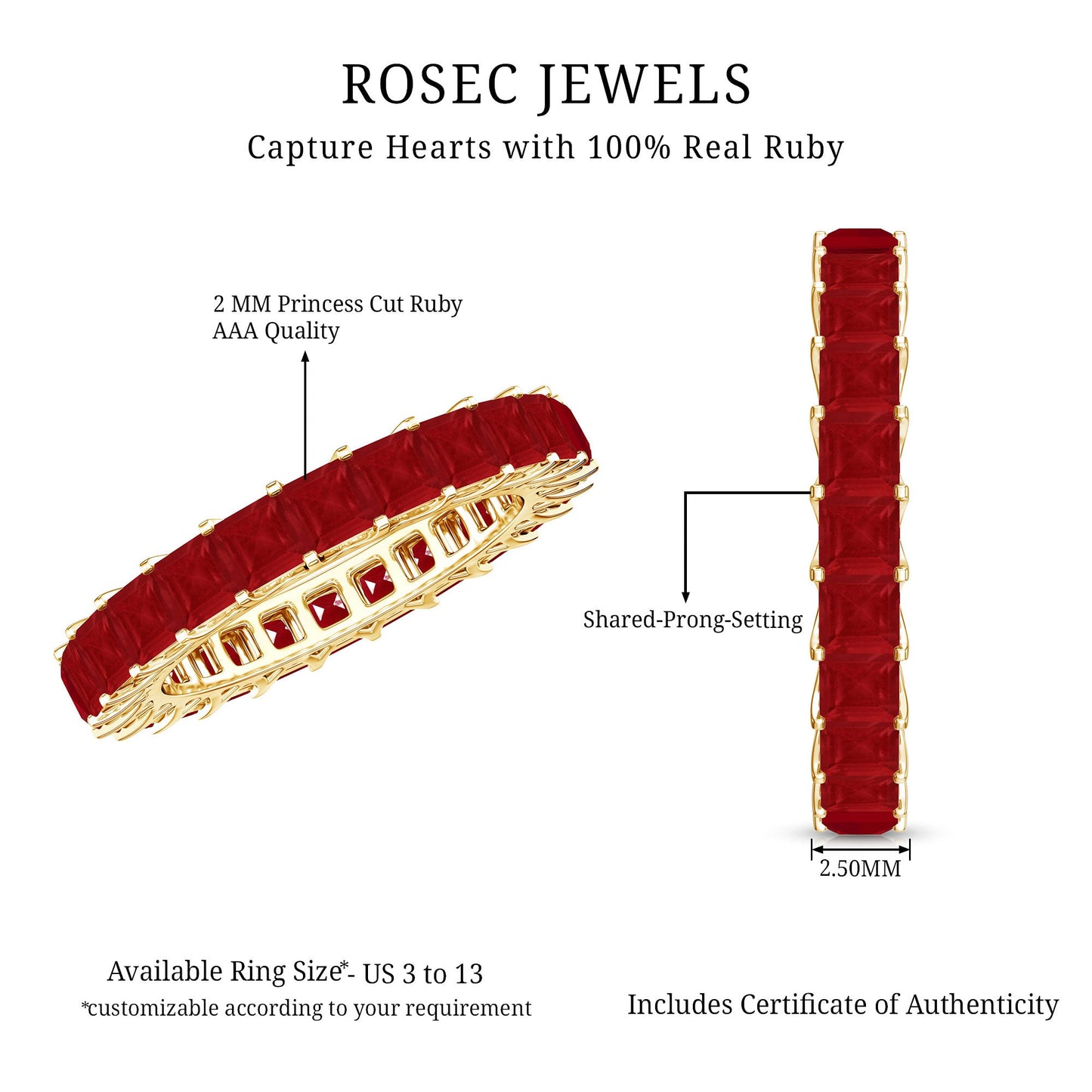 Princess Cut Ruby Eternity Ring – Thin Ruby Wedding Band in Shared Prong Setting | Real AAA Ruby
