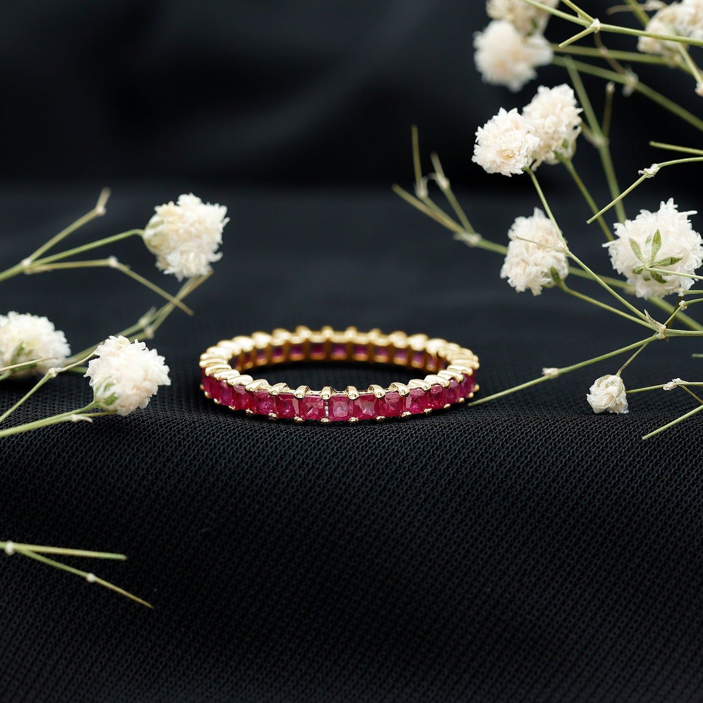 Princess Cut Ruby Eternity Ring – Thin Ruby Wedding Band in Shared Prong Setting | Real AAA Ruby