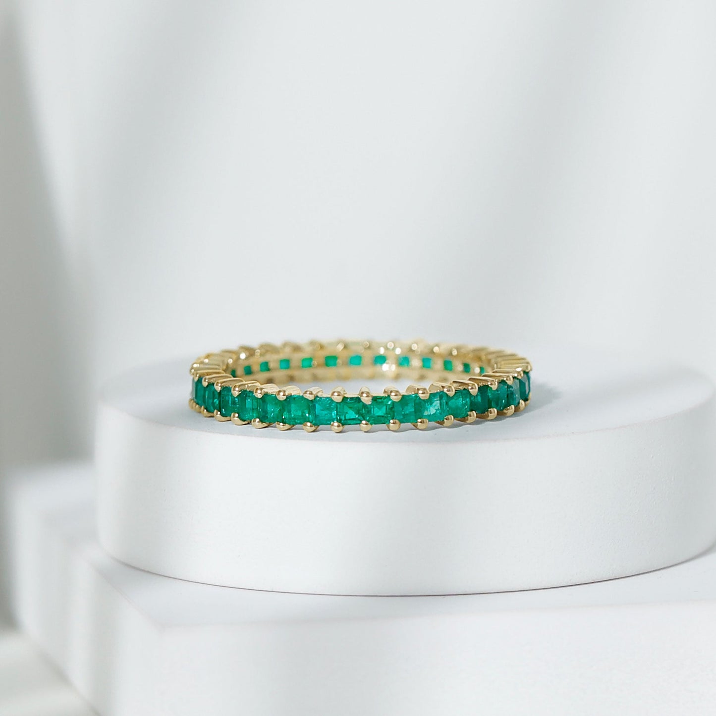 Princess Cut Natural Emerald Eternity Wedding Band