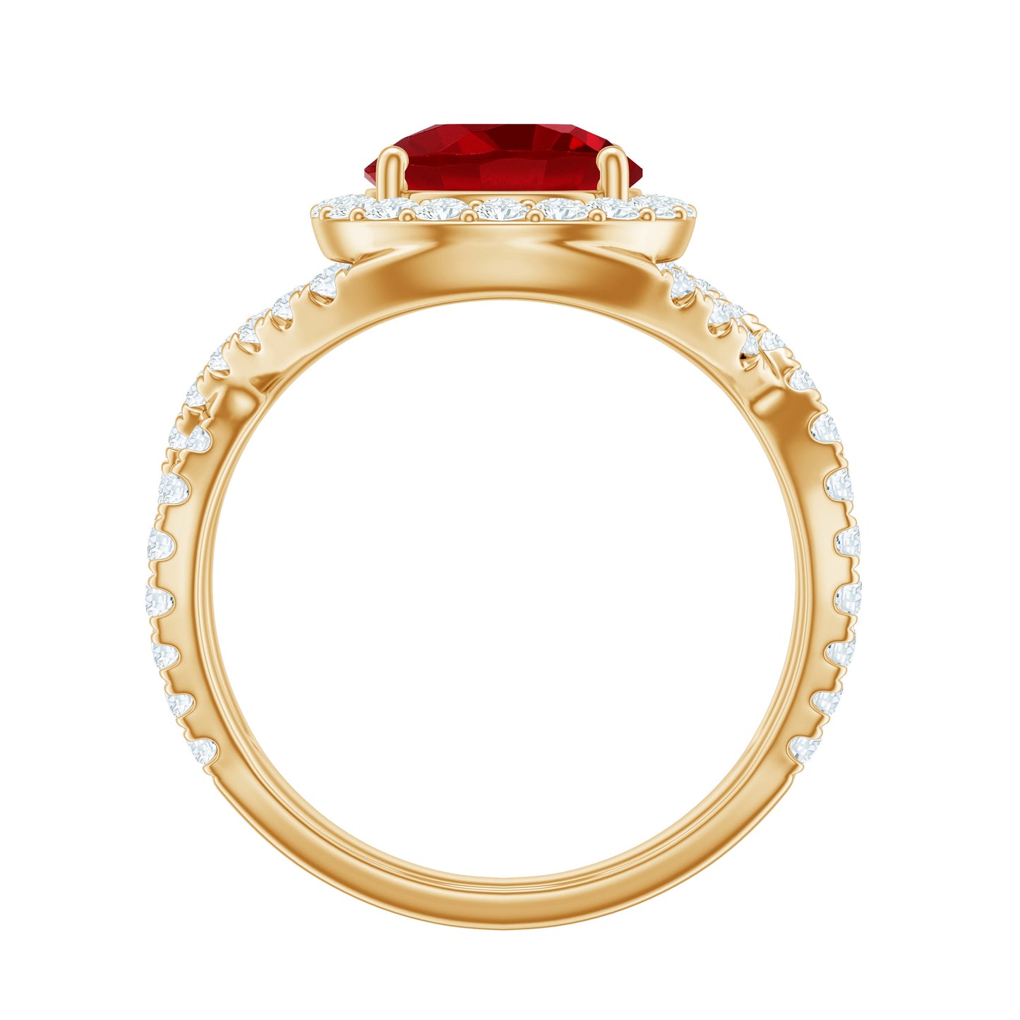 Round Created Ruby Crossover Engagement Ring With Moissanite