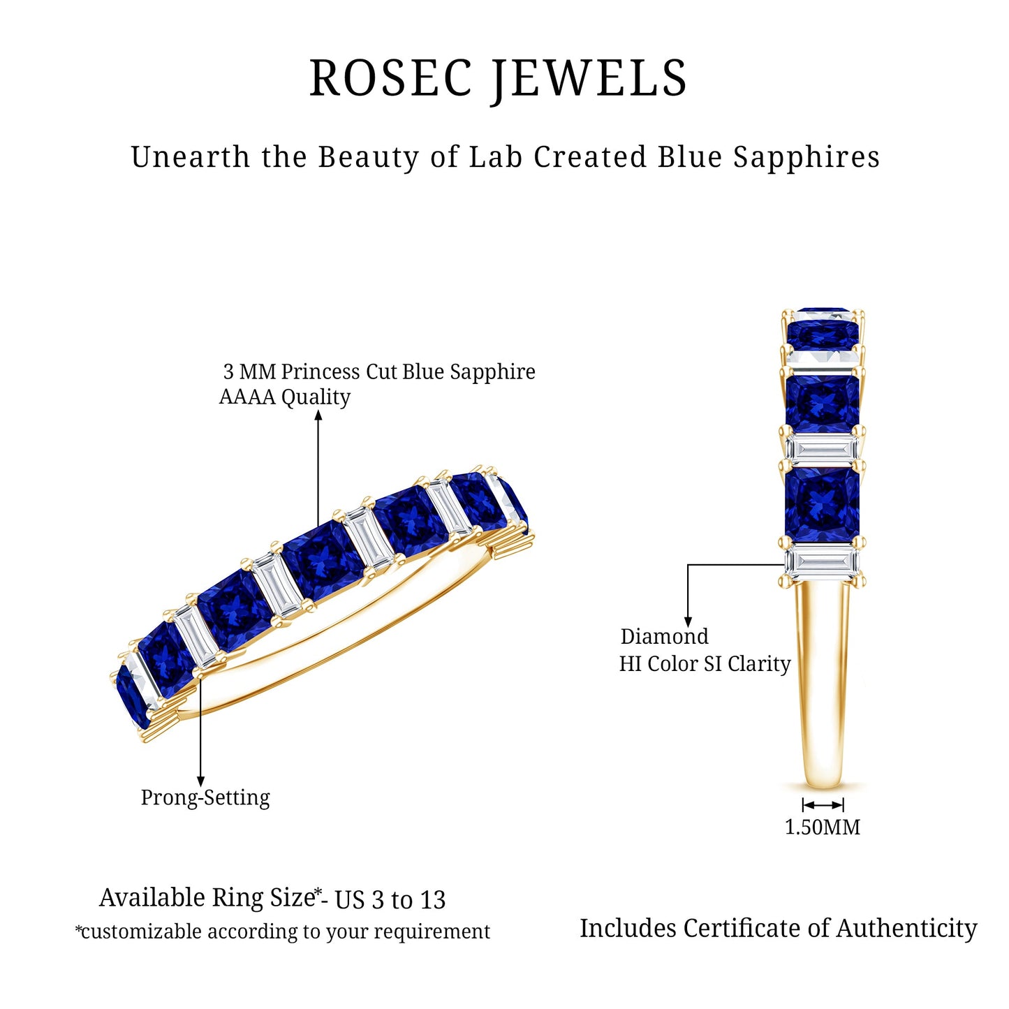 Princess Cut Lab Grown Blue Sapphire Half Eternity Ring with Diamond