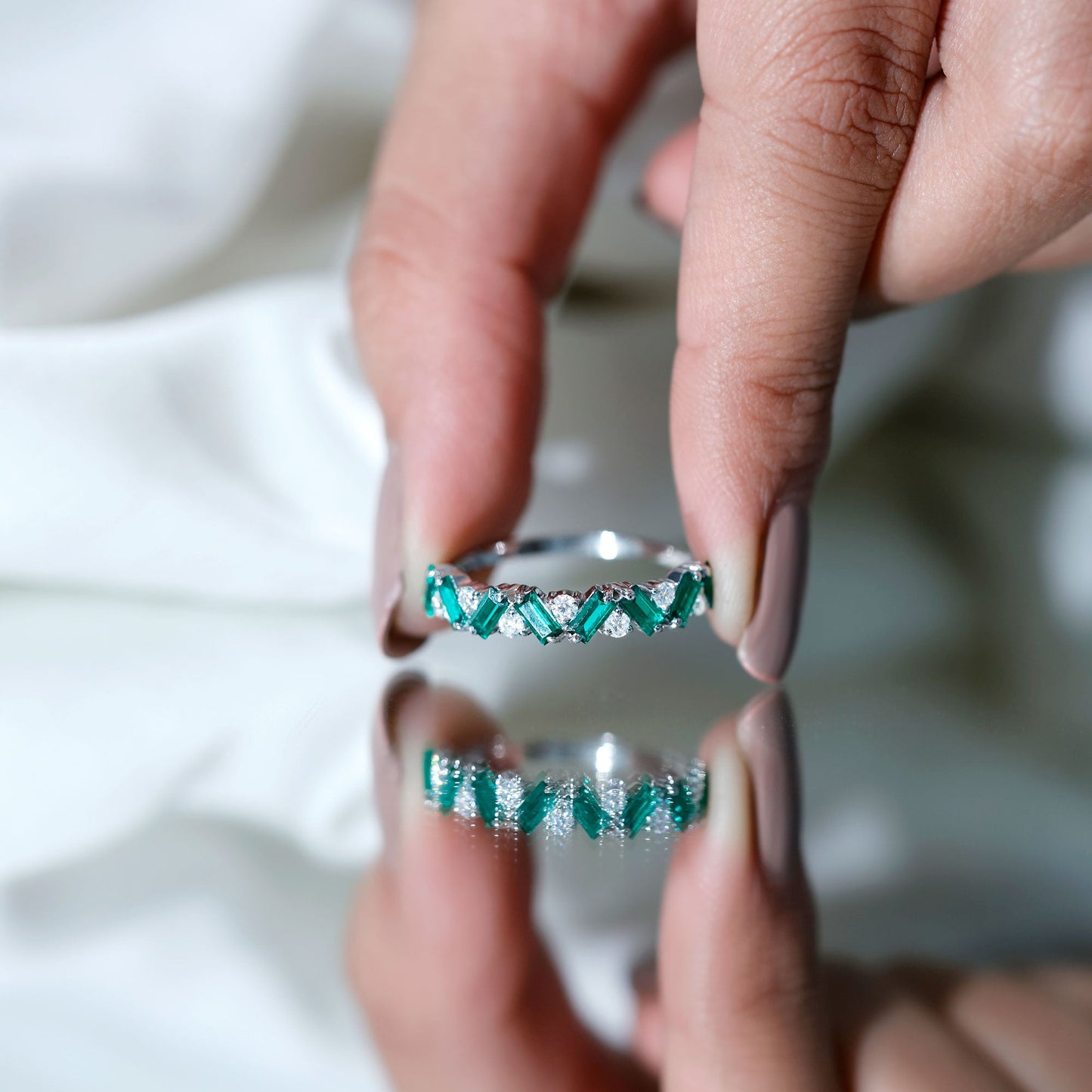 Baguette Shape Lab Grown Emerald and Diamond Half Eternity Ring