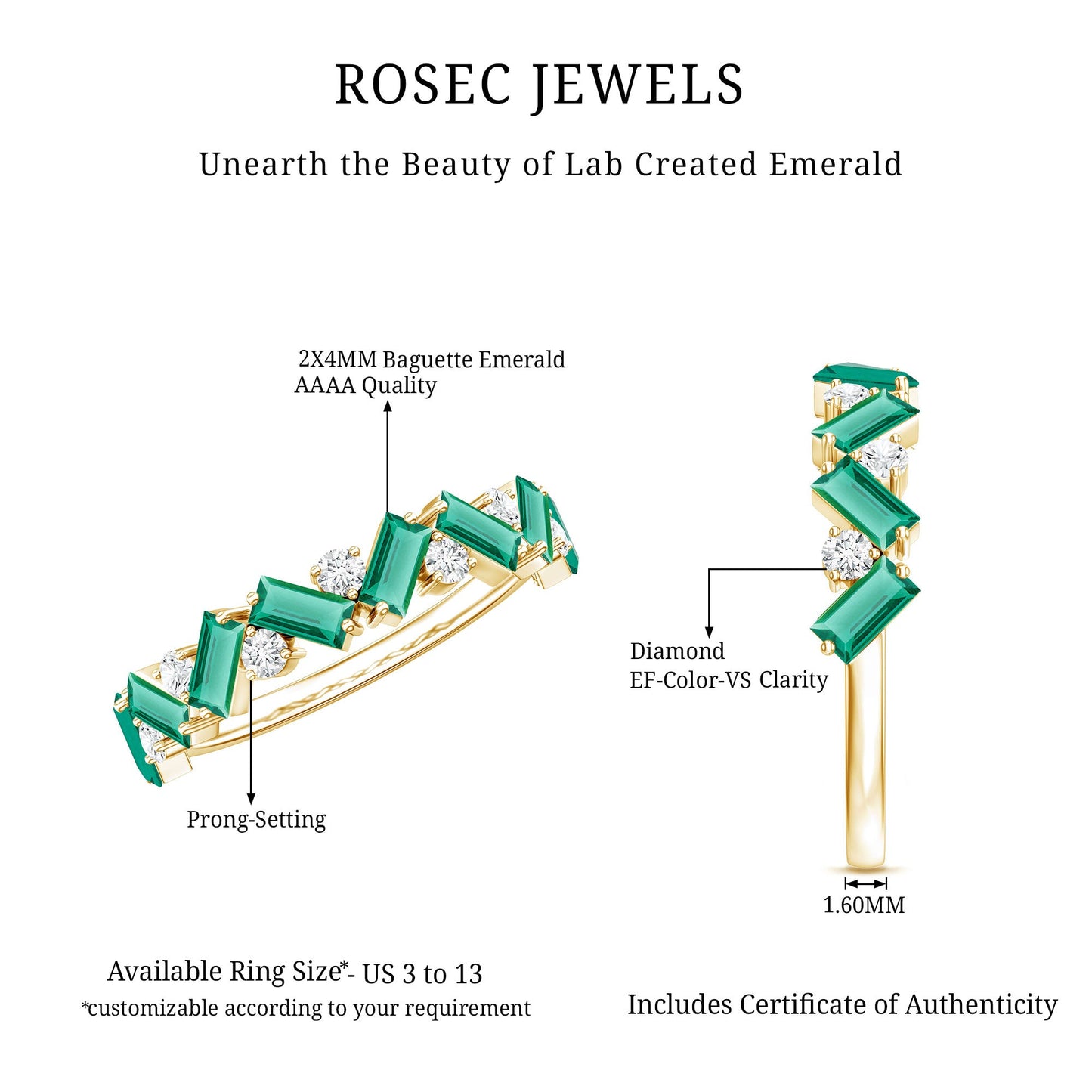 Baguette Shape Lab Grown Emerald and Diamond Half Eternity Ring