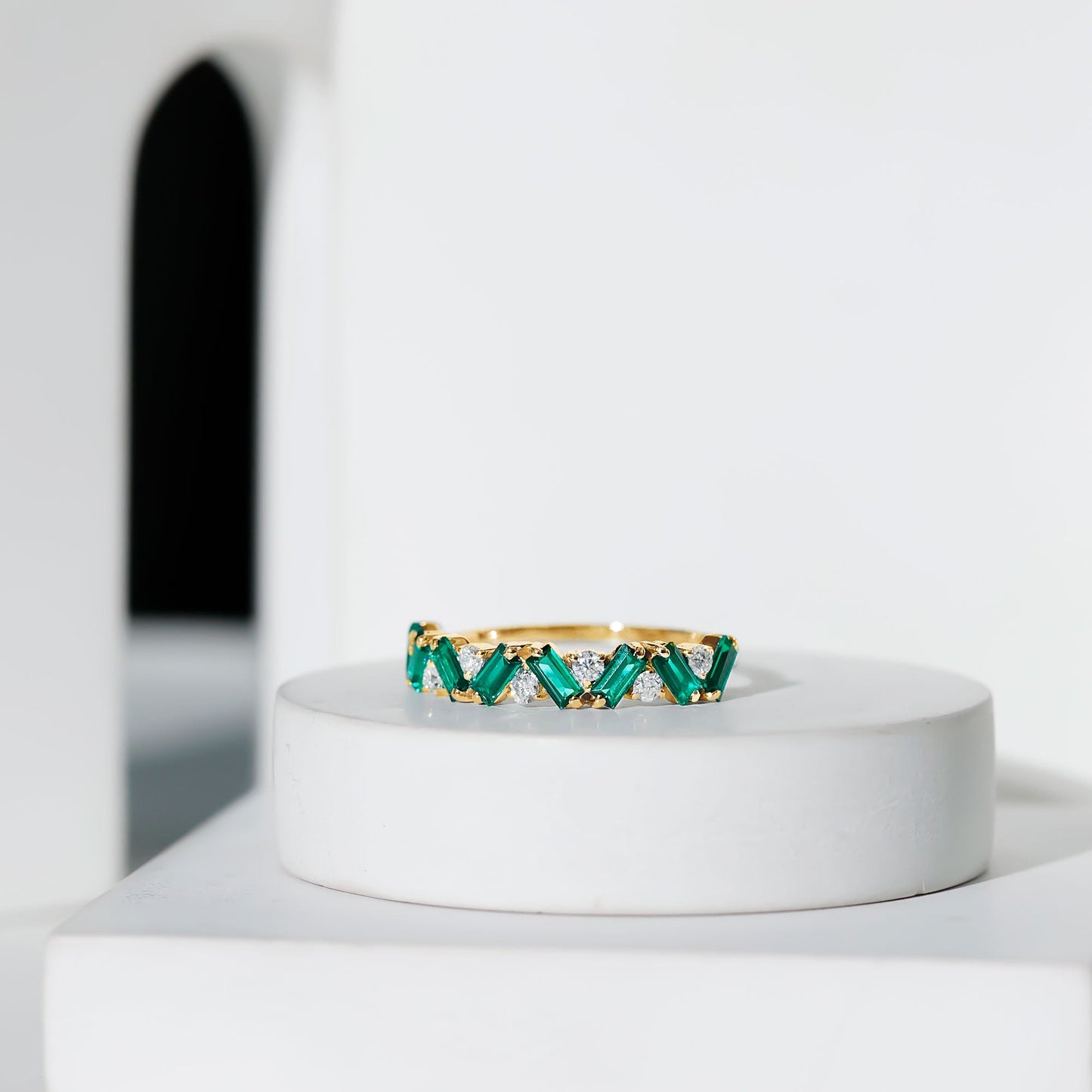 Baguette Shape Lab Grown Emerald and Diamond Half Eternity Ring