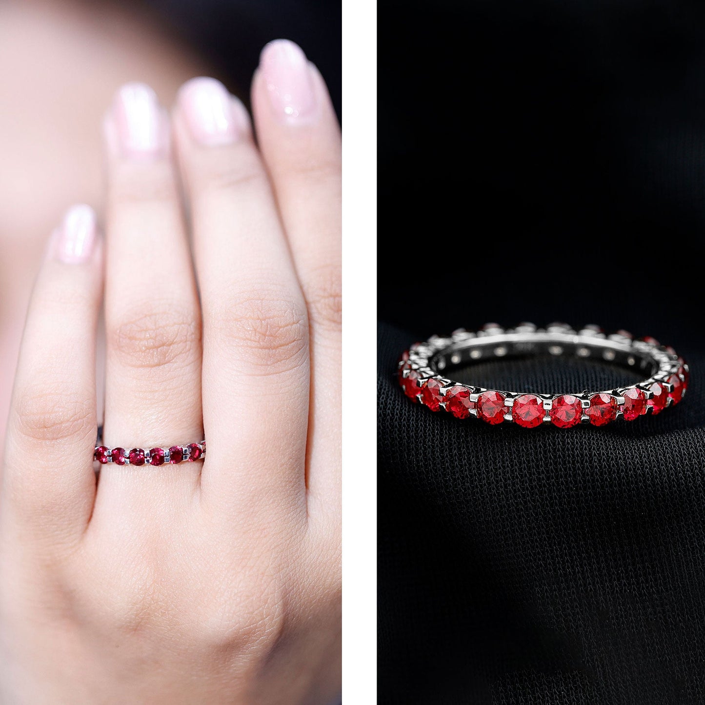 Shared Prong Set Round Created Ruby Full Eternity Band Ring