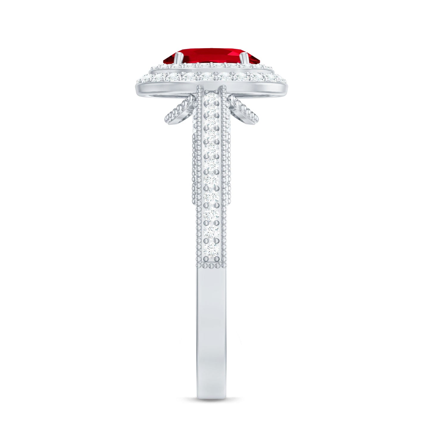 Oval Created Ruby Double Halo Engagement Ring with Diamond