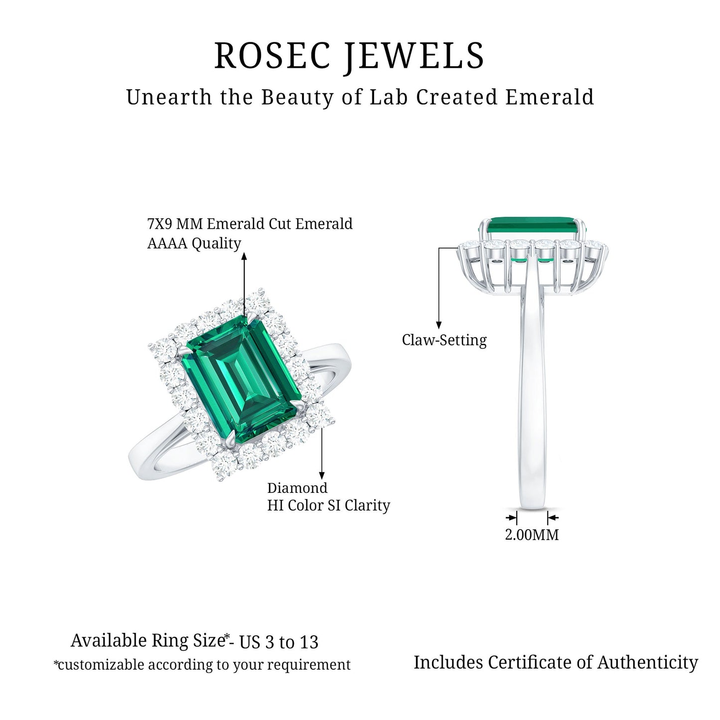 Lab Grown 2 Carat Emerald Cut Emerald Vintage Engagement Ring with Diamond Halo